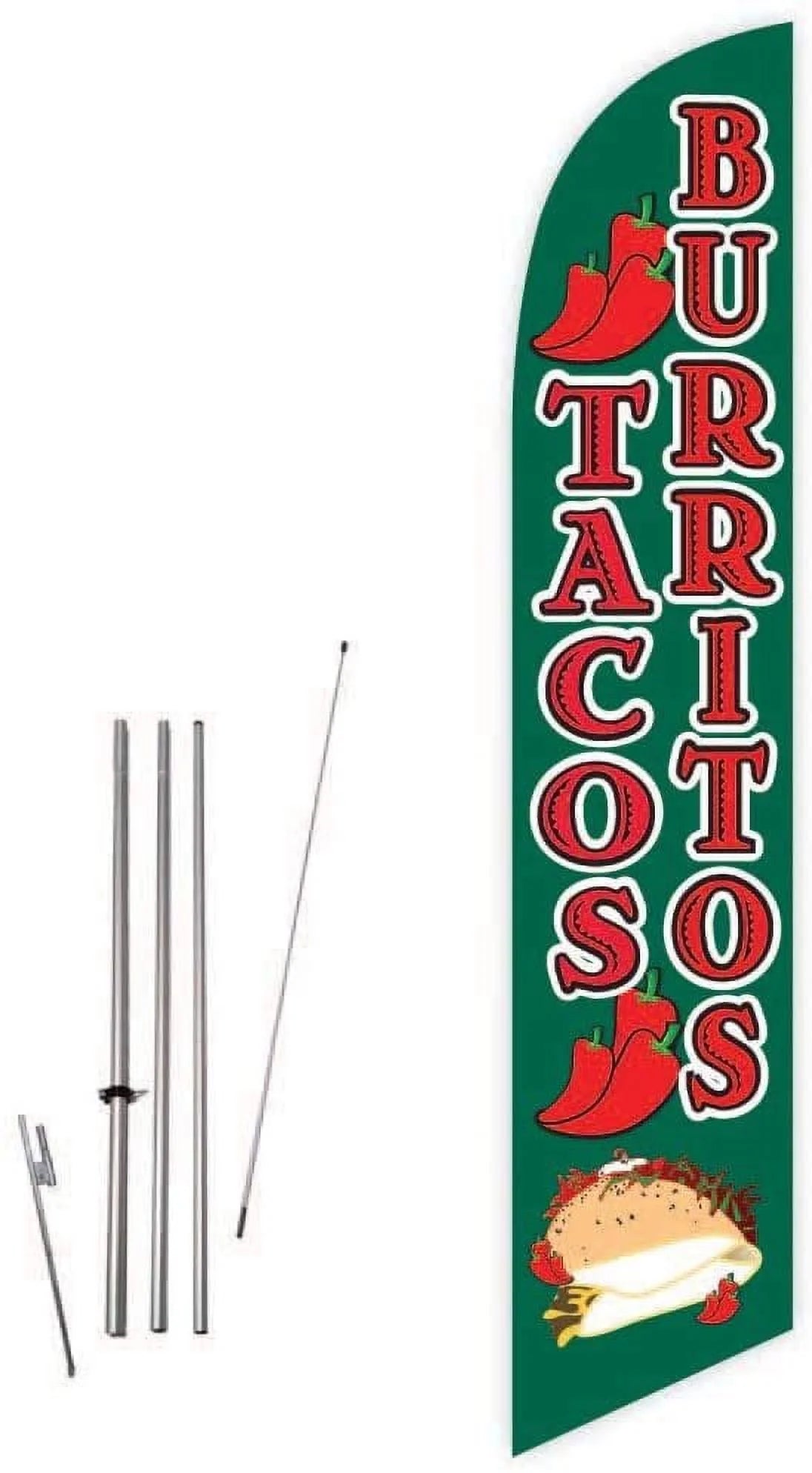 Cobb Promo Tacos & Burritos Green Feather Flag with Complete 15ft Pole kit and Ground Spike