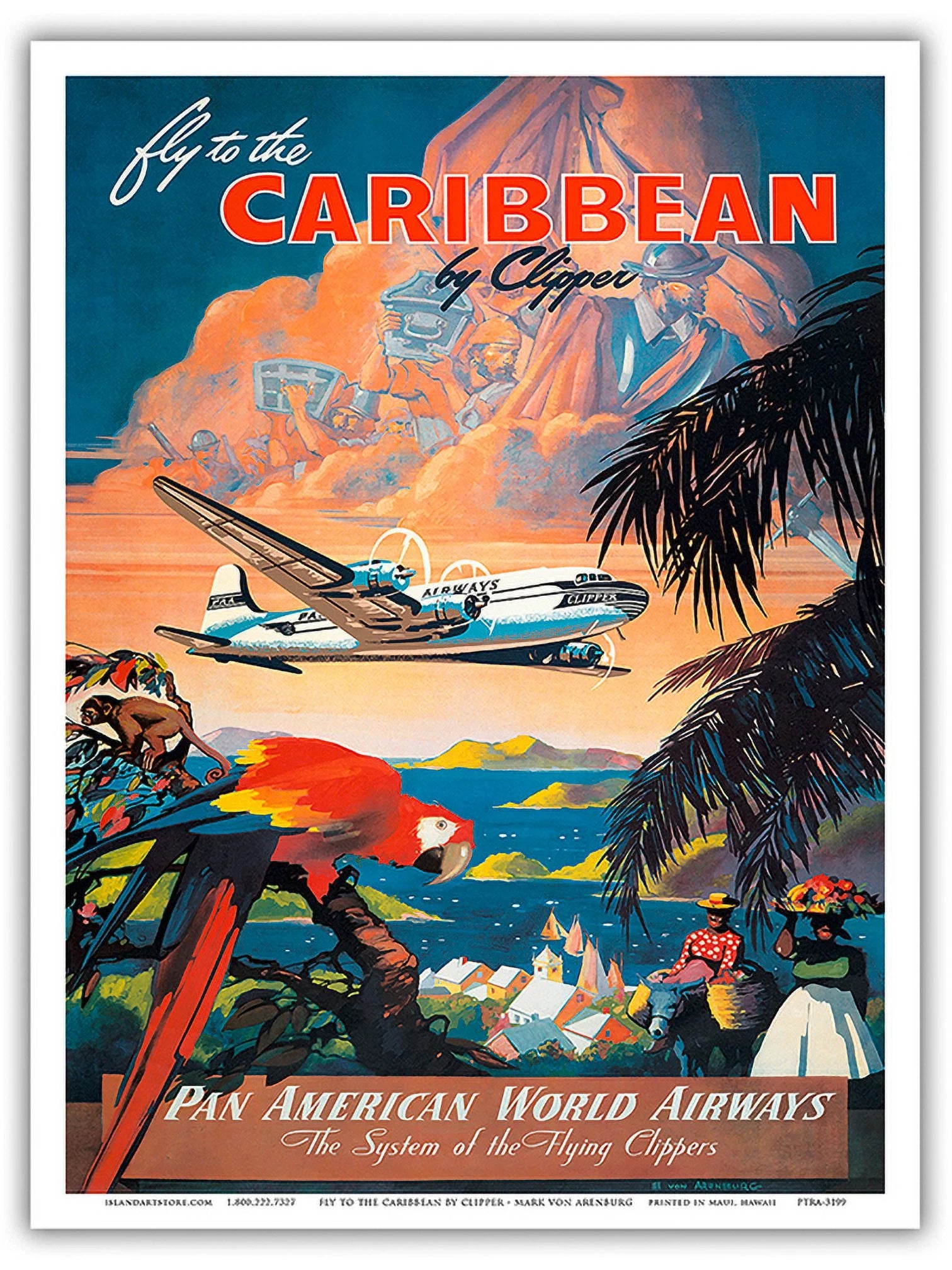 Fly to the Caribbean by Clipper - Pan American World Airways - Vintage Airline Travel Poster by Mark Von Arenburg c.1940s - Master Art Print (Unframed) 9in x 12in