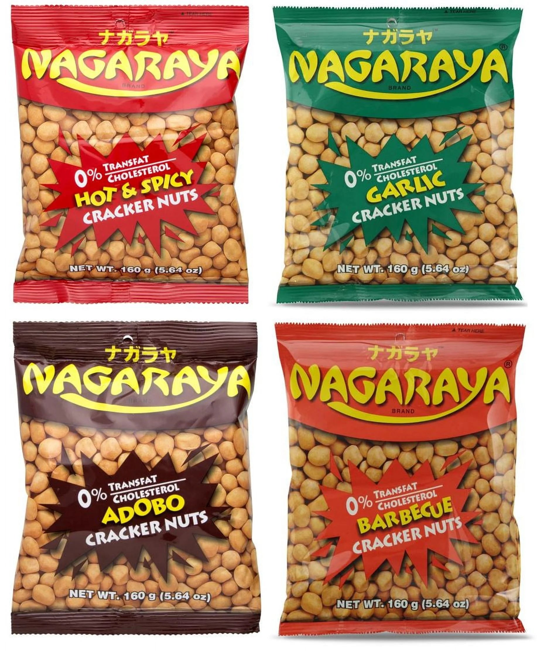 Nagaraya, Cracker Nuts, Variety Pack, Hot & Spicy, BBQ, Adobo, and Garlic (4 Bags Total, 640g total) with Silicon Pouch