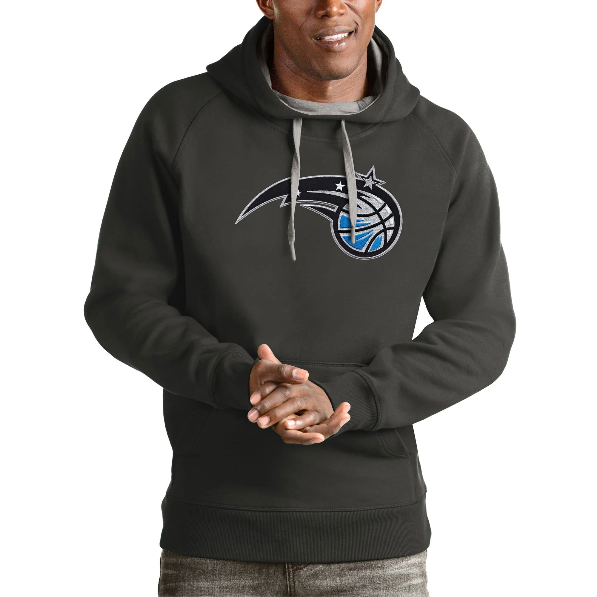 Men's Antigua Charcoal Orlando Magic Team Logo Victory Pullover Hoodie
