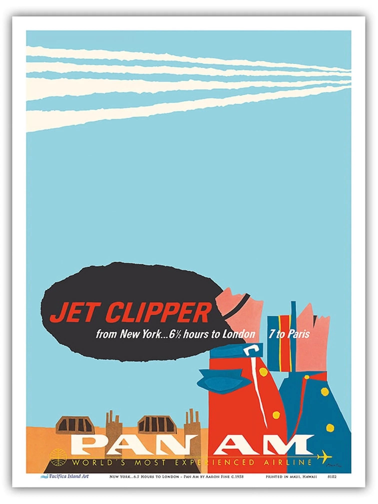 New York - 6.5 Hours to London - 7 to Paris - Jet Clipper Pan American World Airways - Vintage Airline Travel Poster by Aaron Fine c.1958 - Master Art Print (Unframed) 9in x 12in