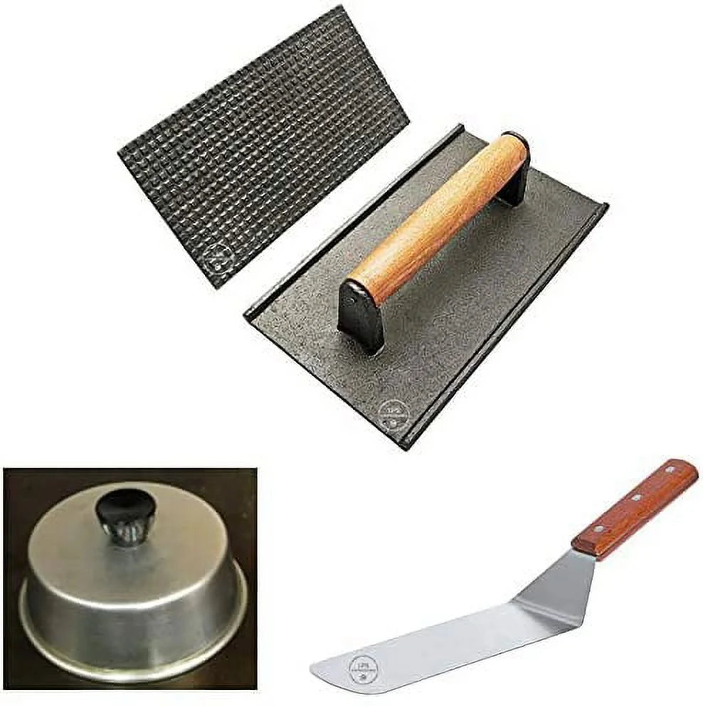 8 x 4 Cast Iron Steak Weight and 6 Round Aluminum Basting Cover W/ 8x4 Solid Turner - Total 3 Pieces