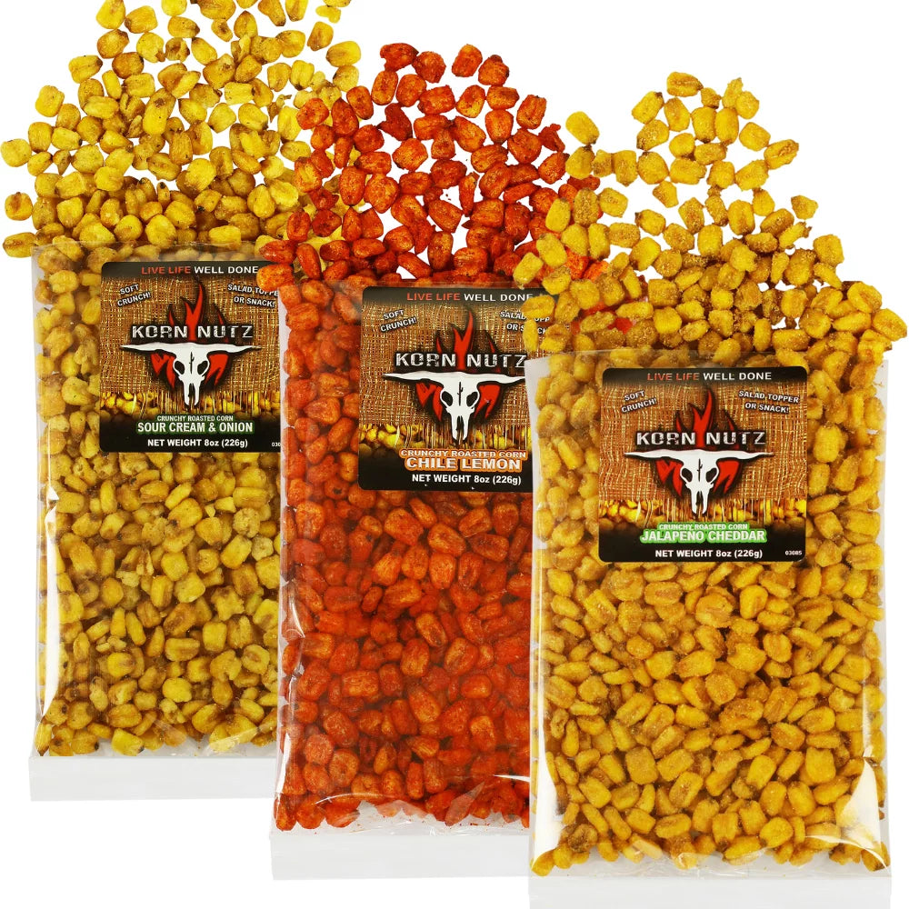Chile Lemon, Jalapeno Cheddar, Sour Cream & Onion Toasted Corn | Soft Crunch Roasted Corn Kernels Variety Pack | Runnin¡¯ Wild Foods | 1.5-pound total (Pack of 3 bags, 8oz each)