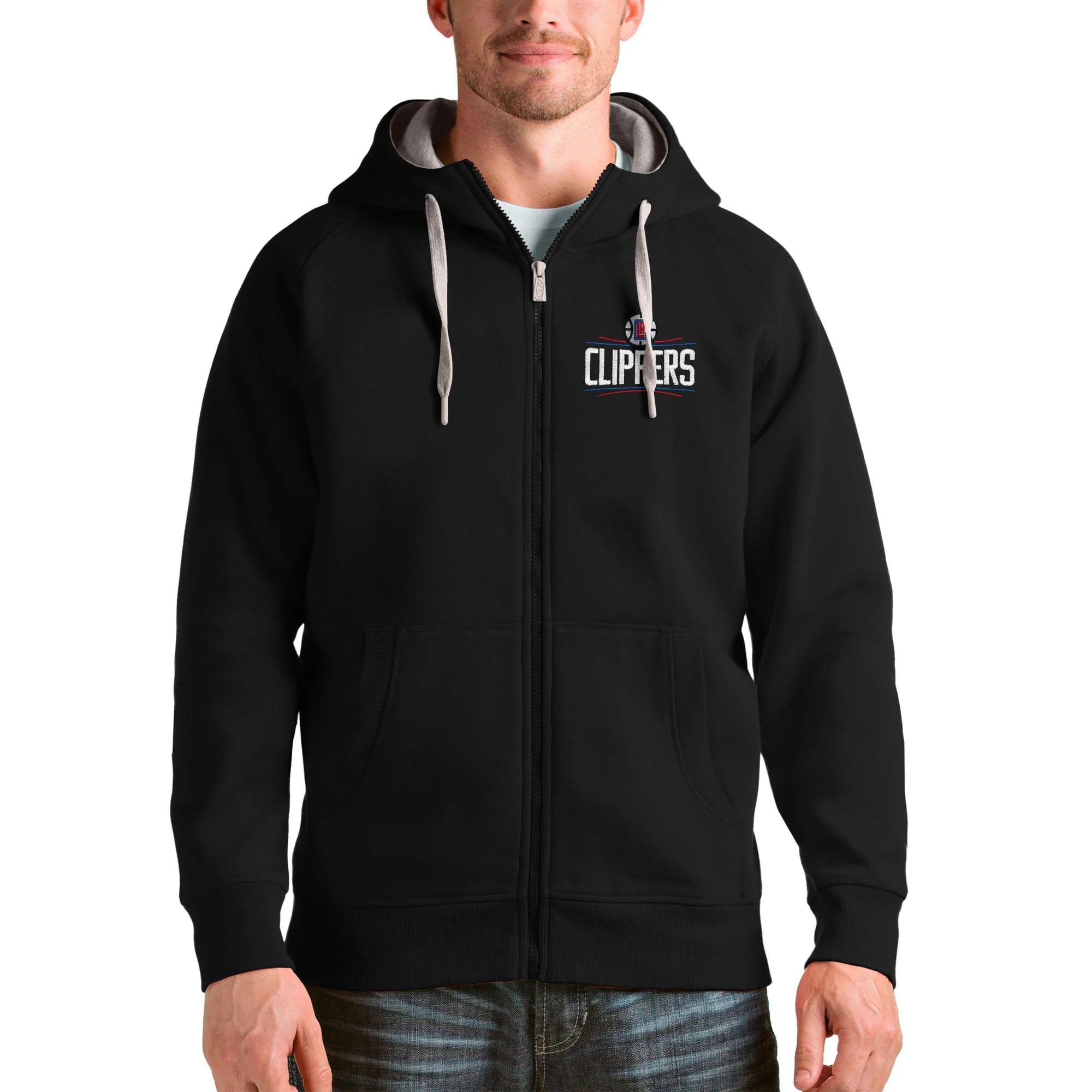 Men's Antigua Black LA Clippers Logo Victory Full-Zip Hoodie