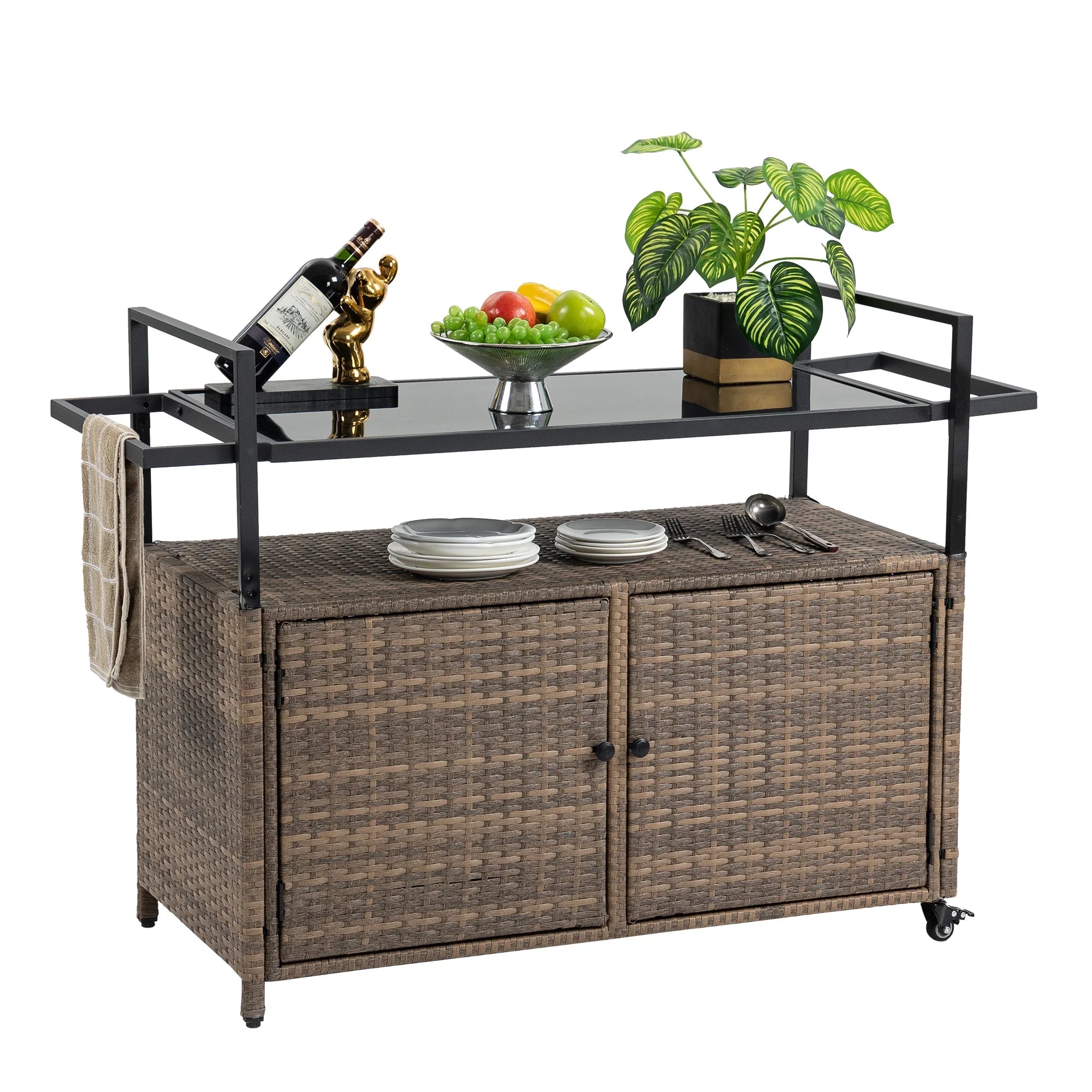 Outdoor light brown large portable wicker cart with wheels, black glass tabletop, suitable for terrace barbecue, backyard, parties, bar service vehicles