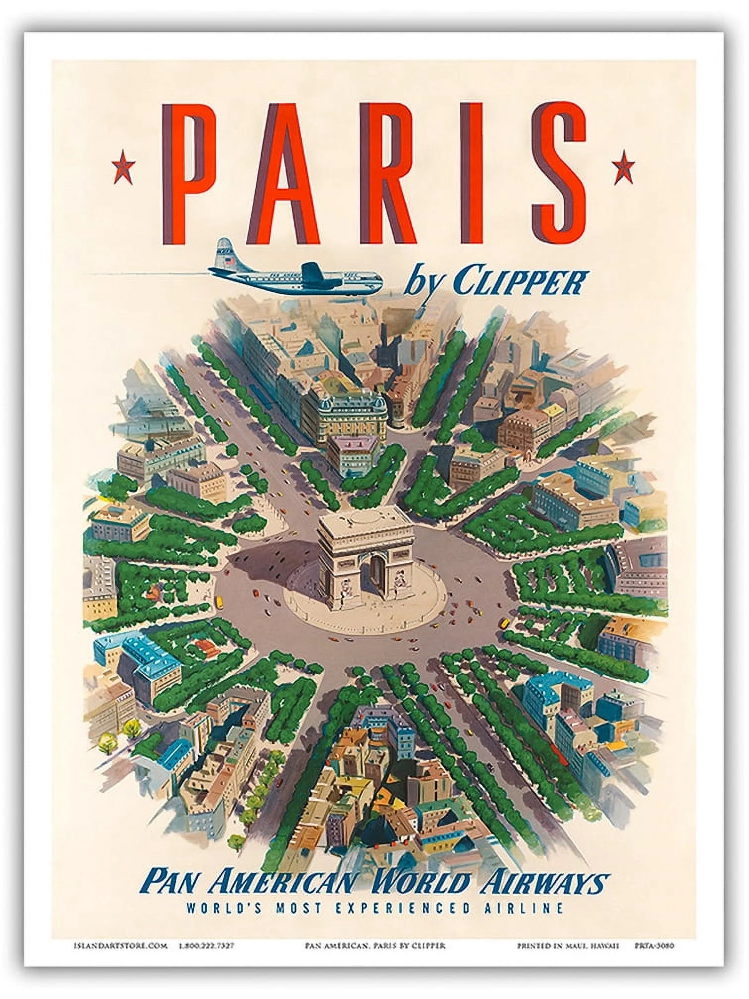 Paris by Clipper - Arc de Triomphe (Arch of Triumph) France - Pan American World Airways PAN AM - Vintage Airline Travel Poster c.1951 - Master Art Print (Unframed) 9in x 12in