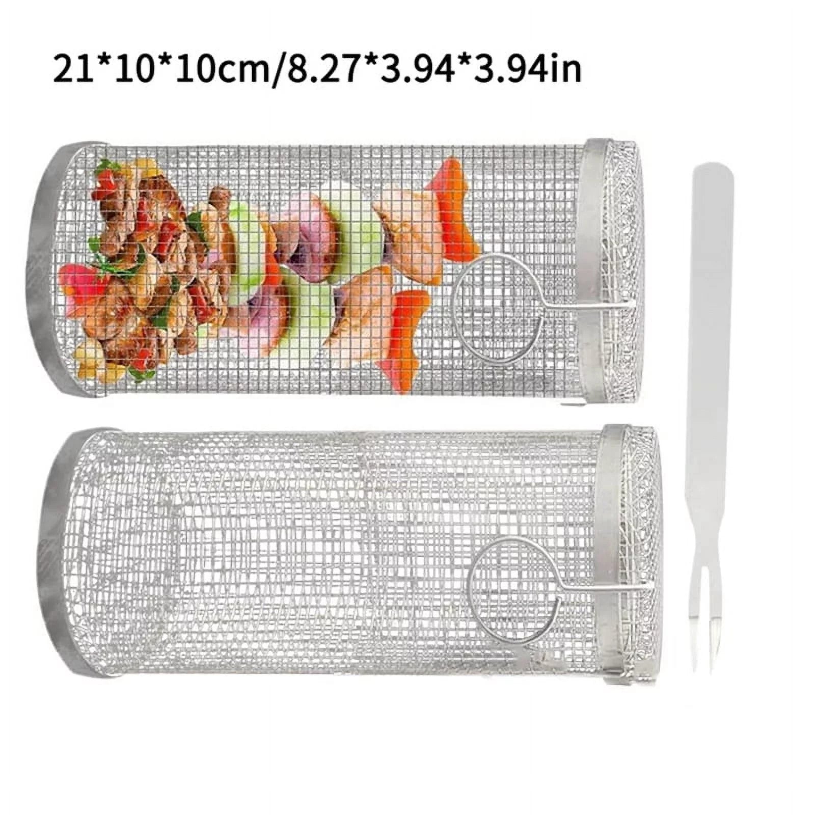 Riapawel Bbq Rolling Grill Basket, Stainless Steel Wire Mesh Cylinder Grilling Basket, Portable Outdoor Camping Barbecue Rack