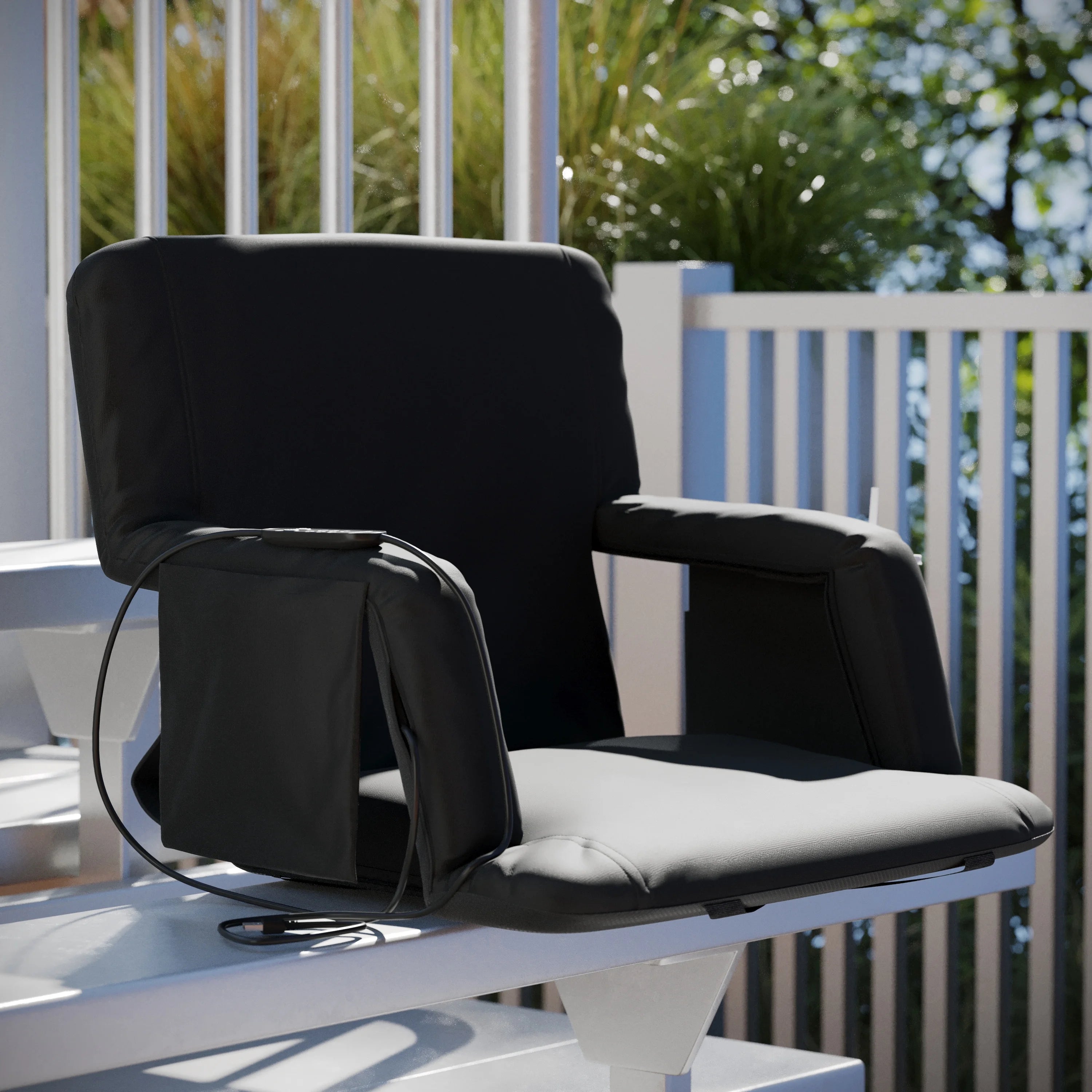 BizChair Black Portable Heated Reclining Stadium Chair with Armrests, Padded Back & Heated Seat with Dual Storage Pockets and Backpack Straps