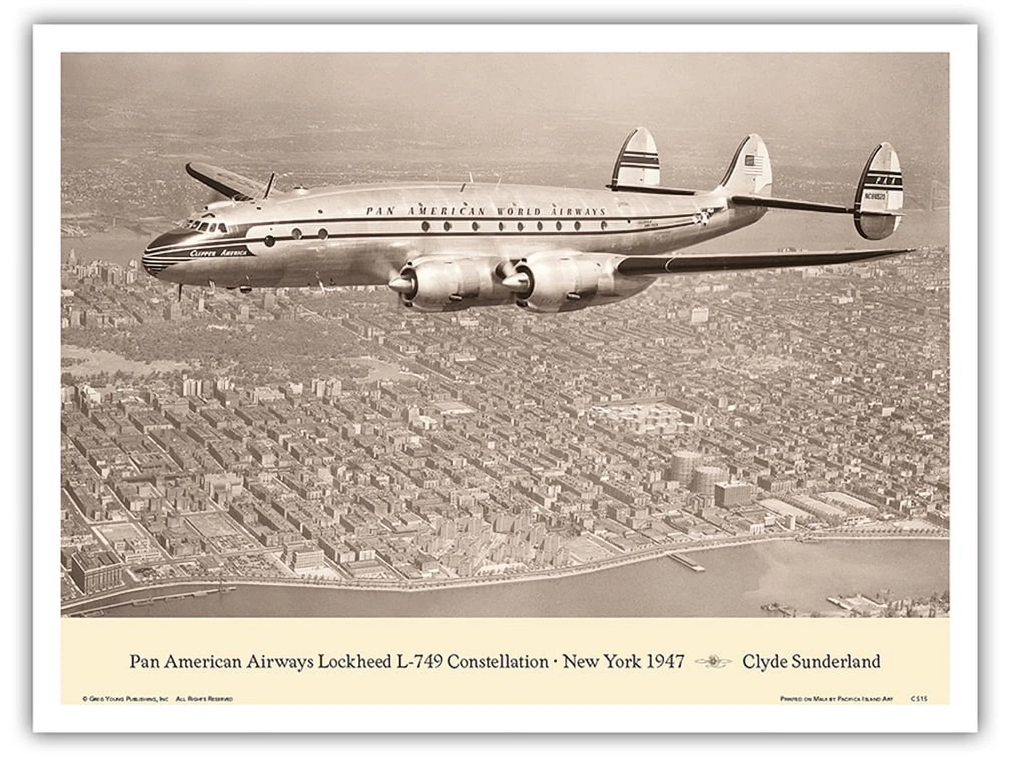 Clipper America (Lockheed L-749 Constellation) - Over New York 1947 - Pan American World Airways - Vintage Aviation Poster by Clyde Sunderland - Master Art Print (Unframed) 9in x 12in