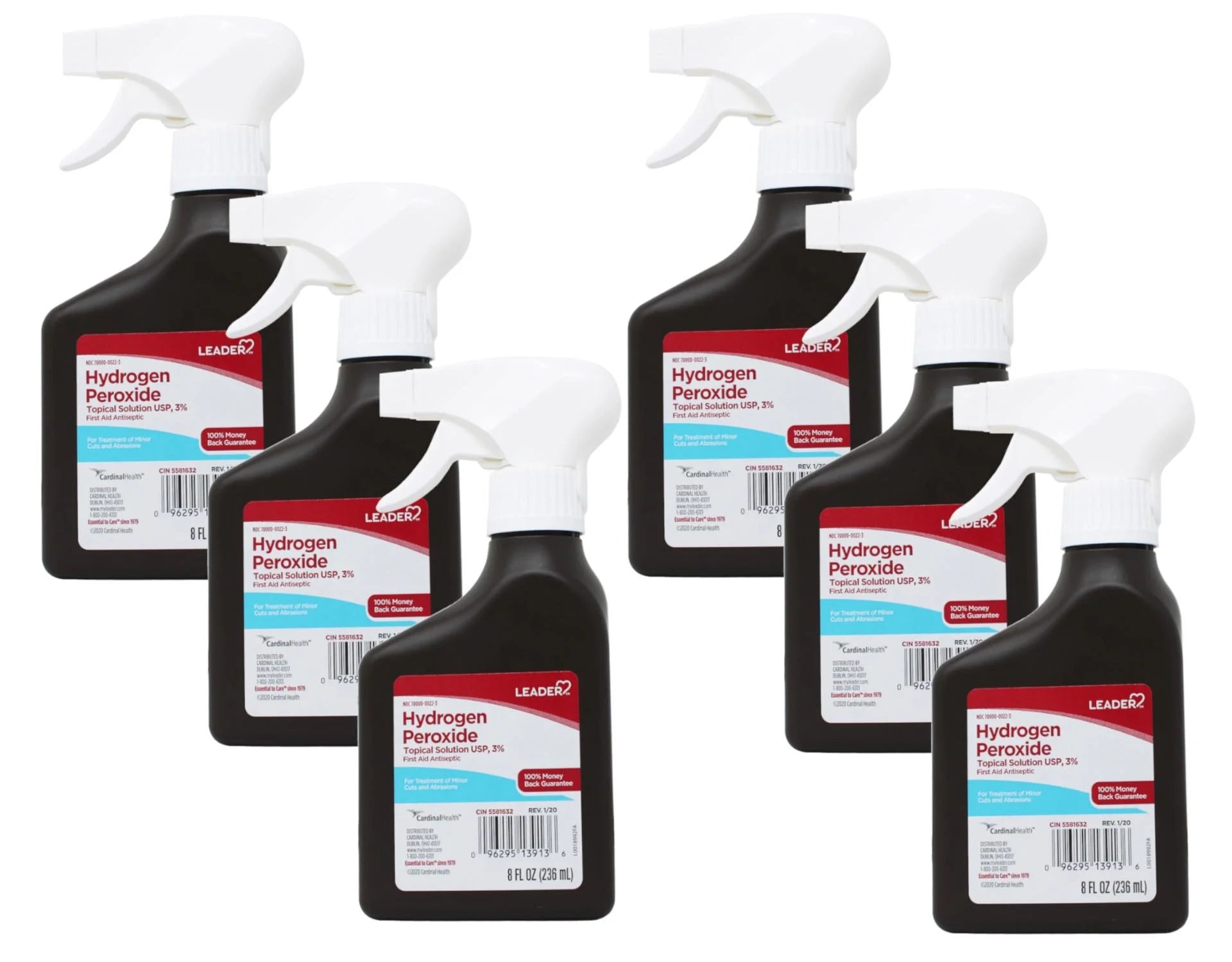 Leader Hydrogen Peroxide First Aid Antiseptic Topical Solution USP, 3% Spray Bottle 8 fl oz - 6 Pack