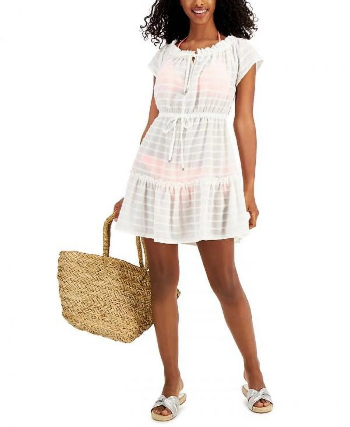 MIKEN Women's Ivory Drawstrings At Neck Waist Ruffled Tiered Scoop Neck Swimsuit Cover Up L