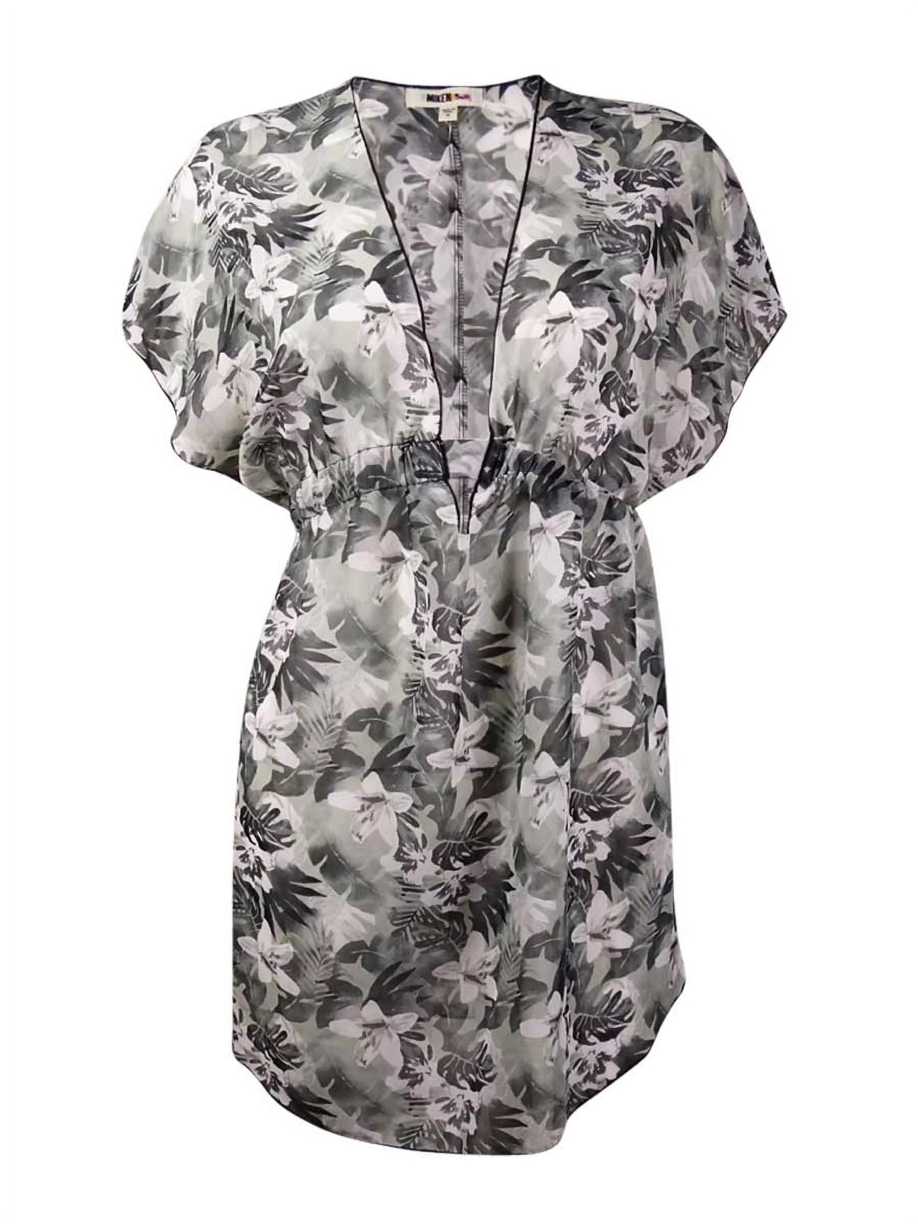 Miken Women's Tropical Floral V-Neck Chiffon Swim Cover (M, Grey/White)