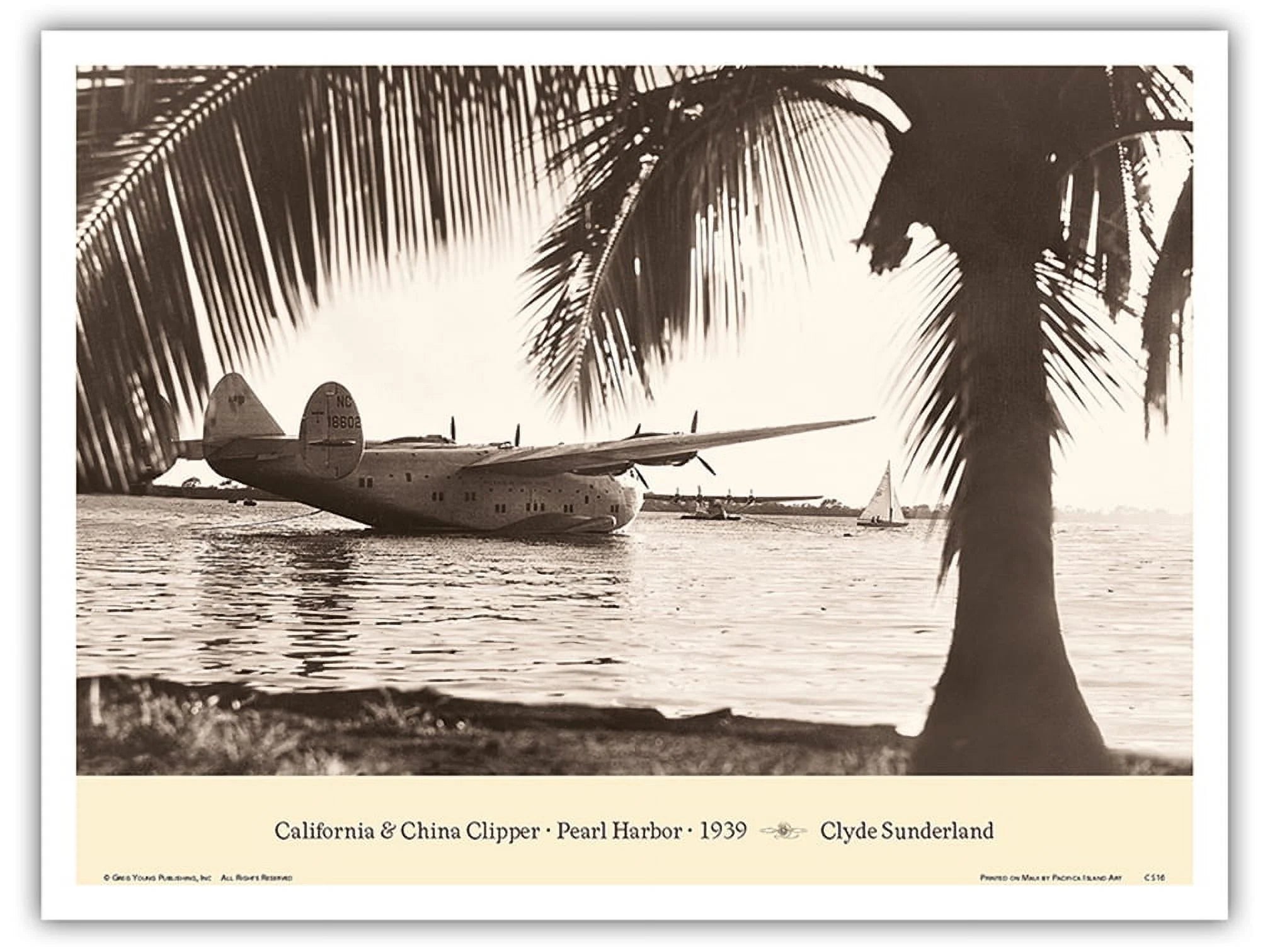 The California and China Clipper (Boeing B-314) - Pearl Harbor 1939 - Pan American Airways - Vintage Aviation Poster by Clyde Sunderland - Master Art Print (Unframed) 9in x 12in