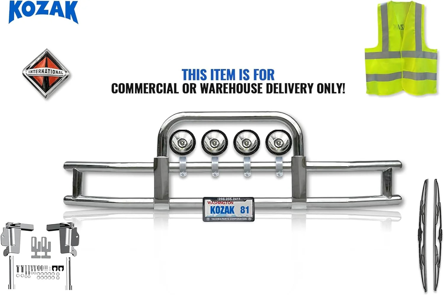 KOZAK Front Bumper Grill Deer Brush Moose Guard with Round 4X 6 LED Lights with Mounting Brackets for International LT625 Plus Logo, License Plate Holder and Frame, 2X Wipers and Vest
