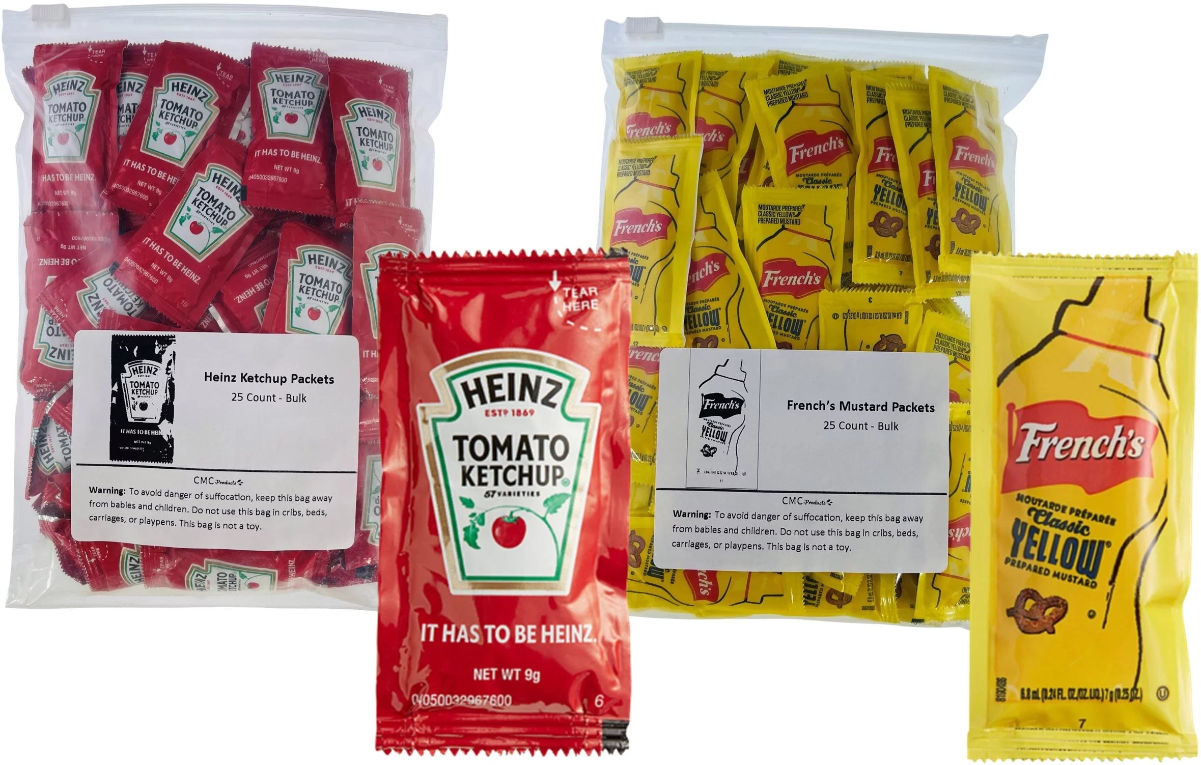 Slide Seal Bag of 50 Total Heinz Ketchup & French's Mustard Condiment Packs - 25 Single Serve Packets of Each: Ketchup & Mustard w/ Plastic Food Bag & Slide Seal  Perfect for Boxed Lunches, BBQ, Picn