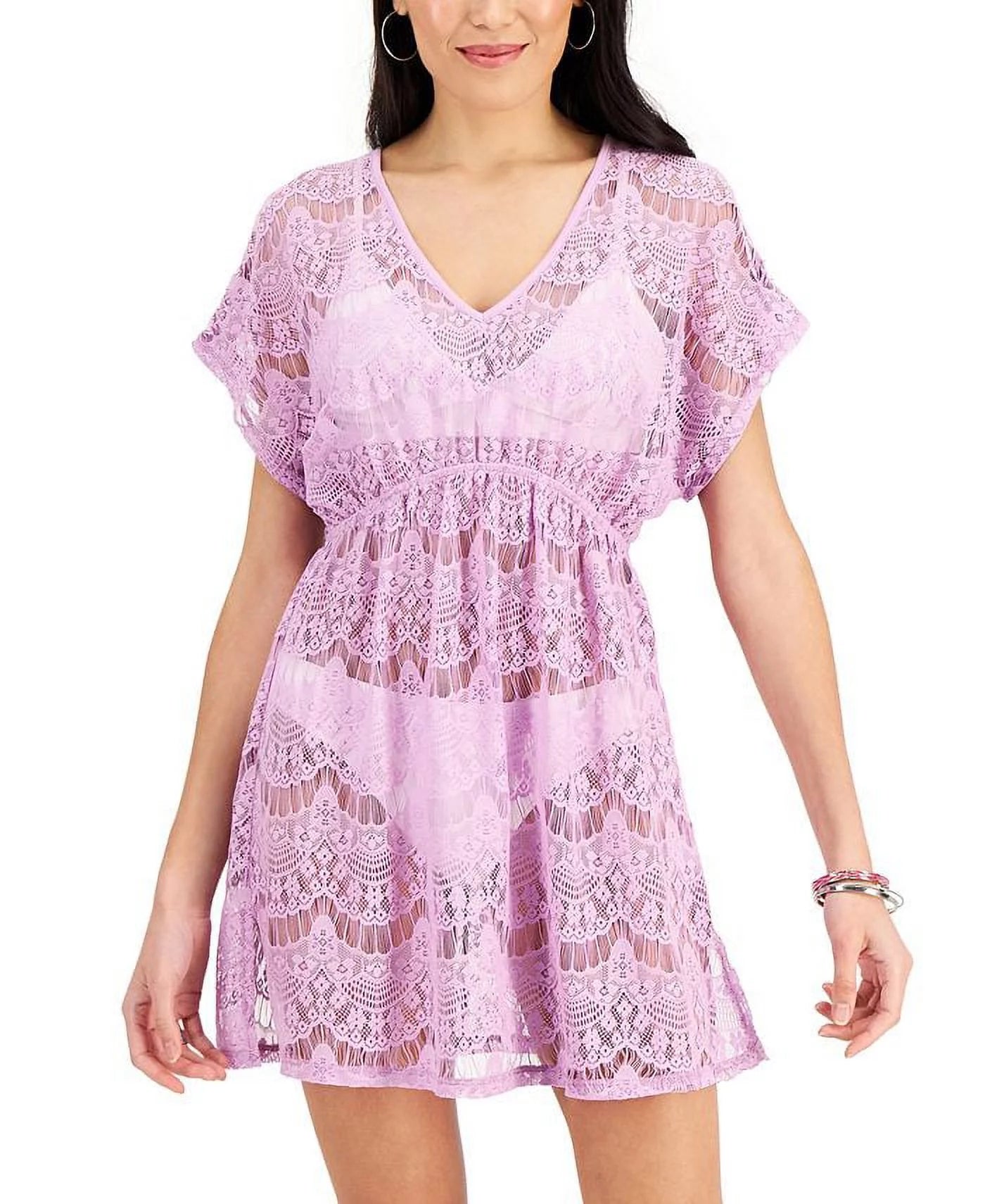Miken Junior's Lace Cold Shoulder Swim Cover Up Swimsuit Purple Size X-Large