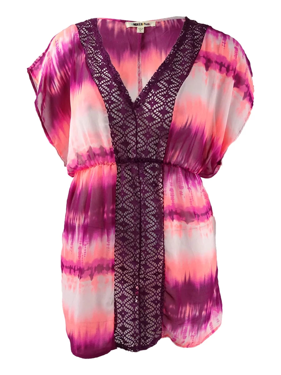 Miken Womens Tie-Dyed Crochet-Trim Dress Swim Cover-Up (Pink/White, S)