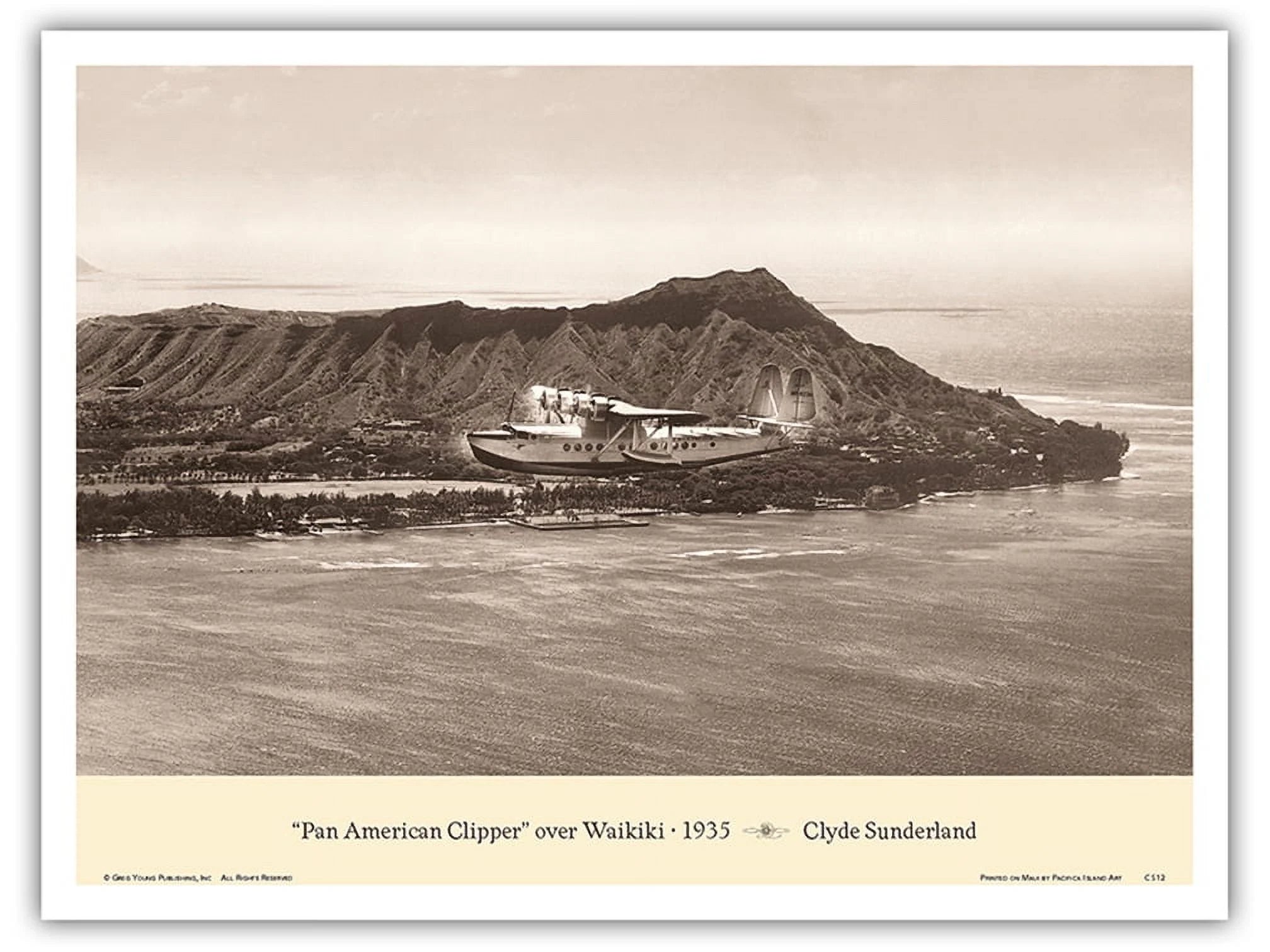 The Pan American Clipper (Sikorsky S-42) - Over Waikiki Hawaii 1935 - Pan American Airways - Vintage Aviation Poster by Clyde Sunderland - Master Art Print (Unframed) 9in x 12in