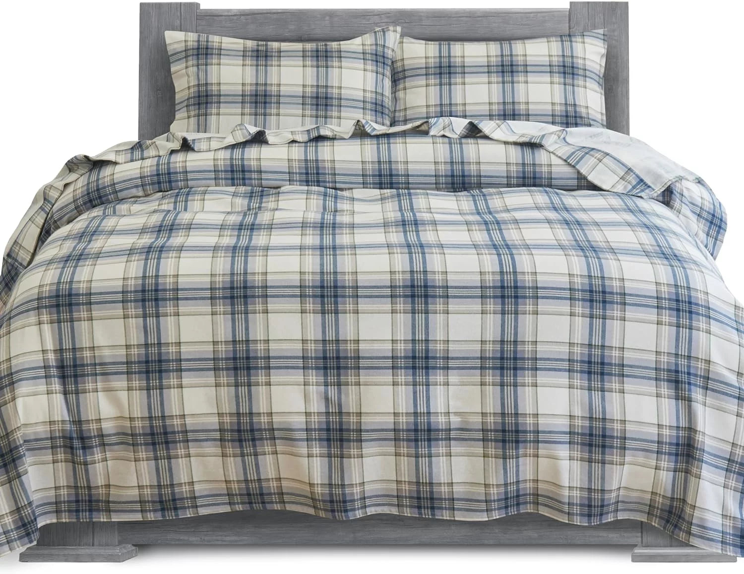 100% Cotton Flannel Sheets Set - Flannel Sheets Full, 4-Piece Flannel Bed Sheets - Lightweight Bedding, Brushed for Extra Softness,Warm, Breathable, 16 Deep Pocket Queen, Plaid-Navy/Aqua
