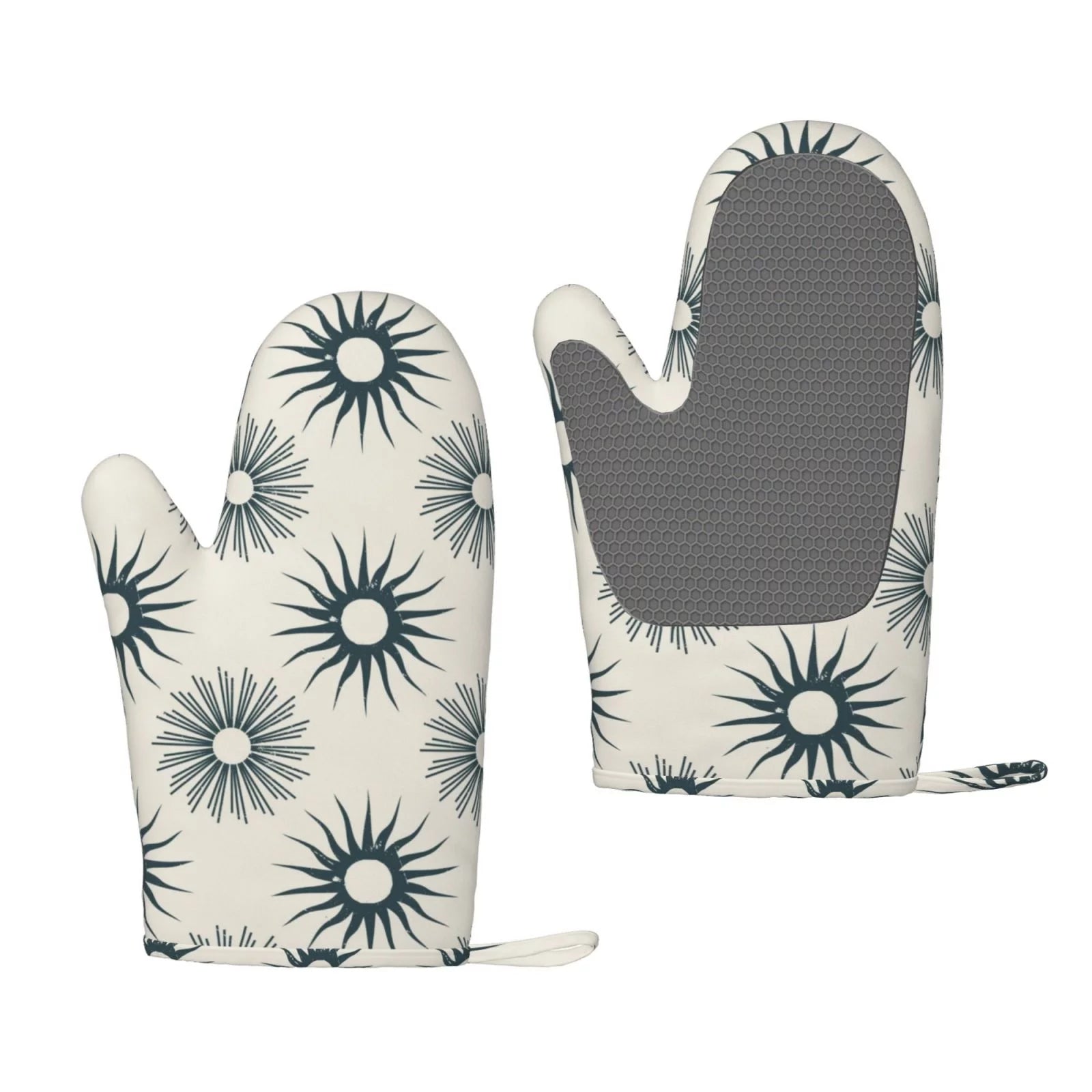 ZNDUO Kitchen Oven Gloves, Durable Heat Resistant Oven Gloves with Quilted Liner Non-Slip Textured Grip Perfect for BBQ, Baking, Cooking and Grilling, Geometric Digital Floral Blue
