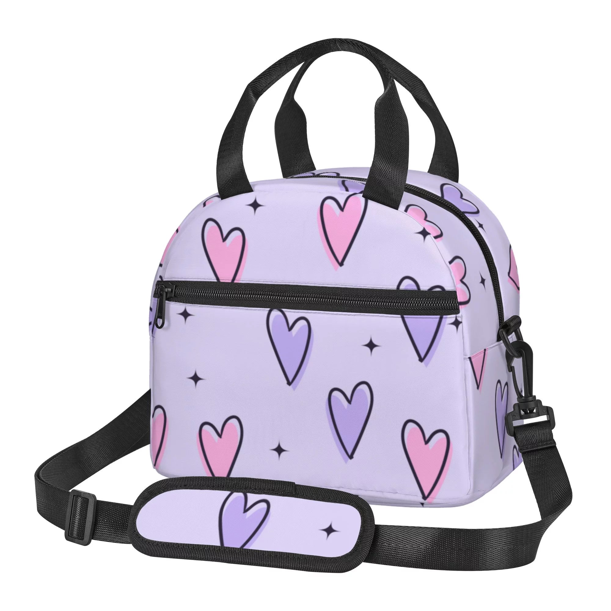 DouZhe Lunch Bags for Women and Men, Sparkles Love Heart Prints Reusable Portable Insulated Cooler Waterproof Lunch Tote Bag for Travel Work School Picnic