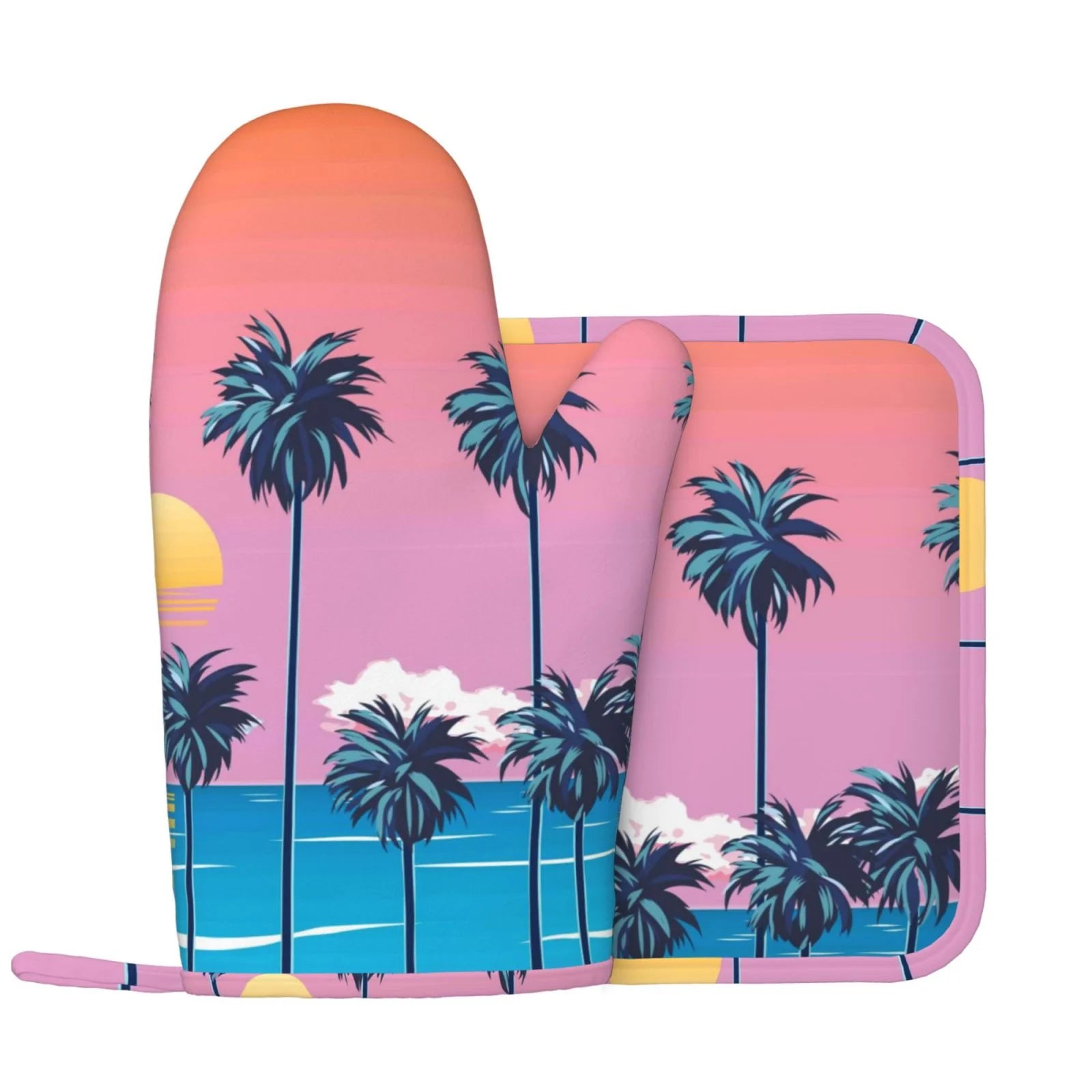 Kll Beach With Palm Trees Oven Gloves And Pot Holders Grill Gloves - Oven Gloves And Pot Holders, Non-Slip Cooking Gloves With Recycled Pads