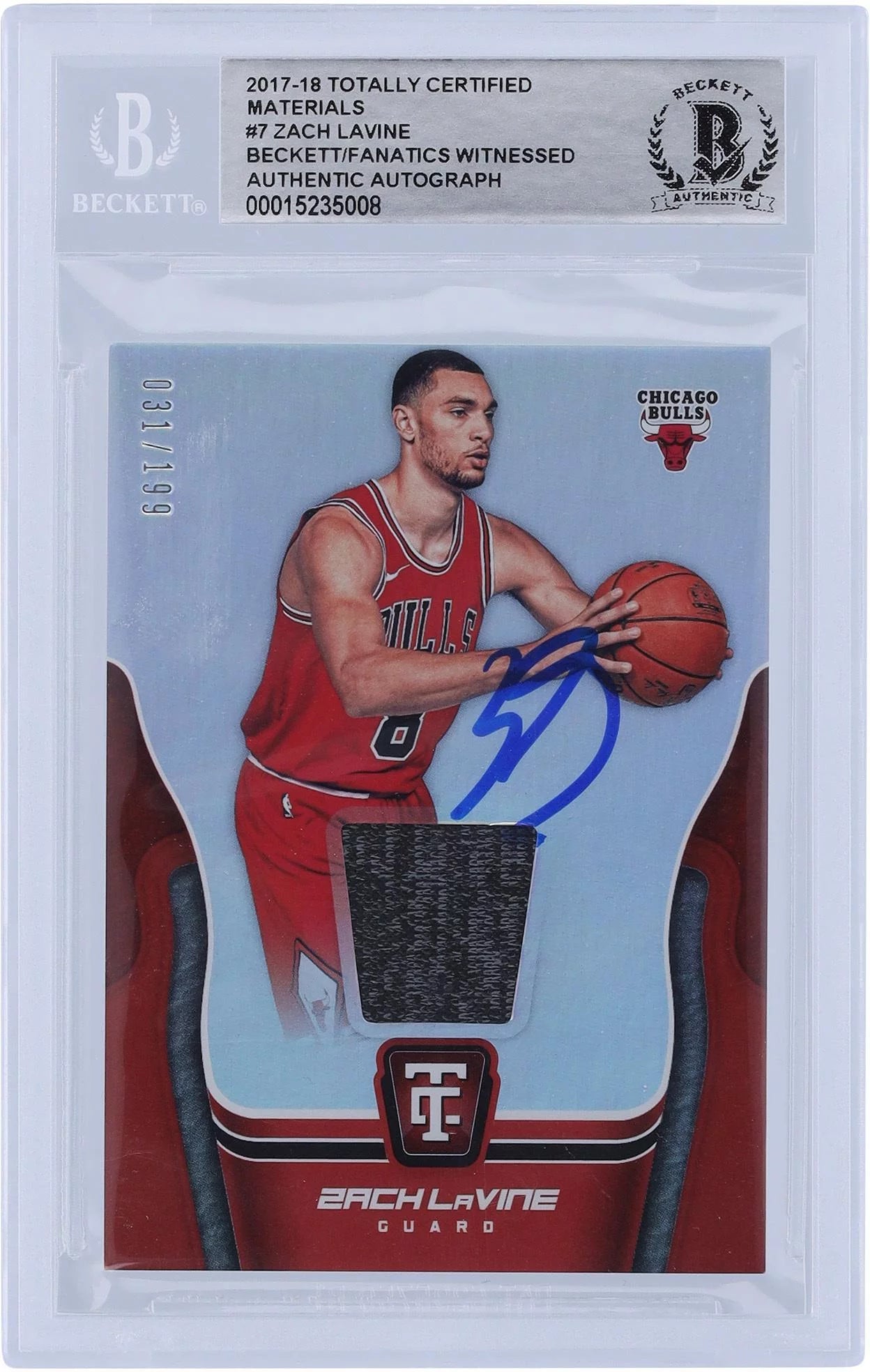 Zach LaVine Chicago Bulls Autographed 2017-18 Panini Totally Certified Materials Relic #M-ZLV #31/199 Beckett Fanatics Witnessed Authenticated Card - Fanatics Authentic Certified