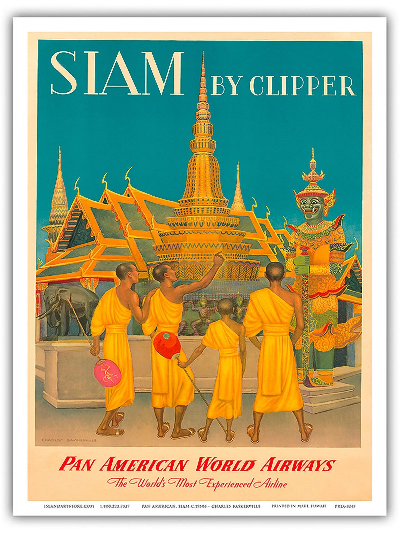 Siam (Thailand) by Clipper - Pan American World Airways - Vintage Airline Travel Poster by Charles Baskerville c.1950s - Master Art Print (Unframed) 9in x 12in