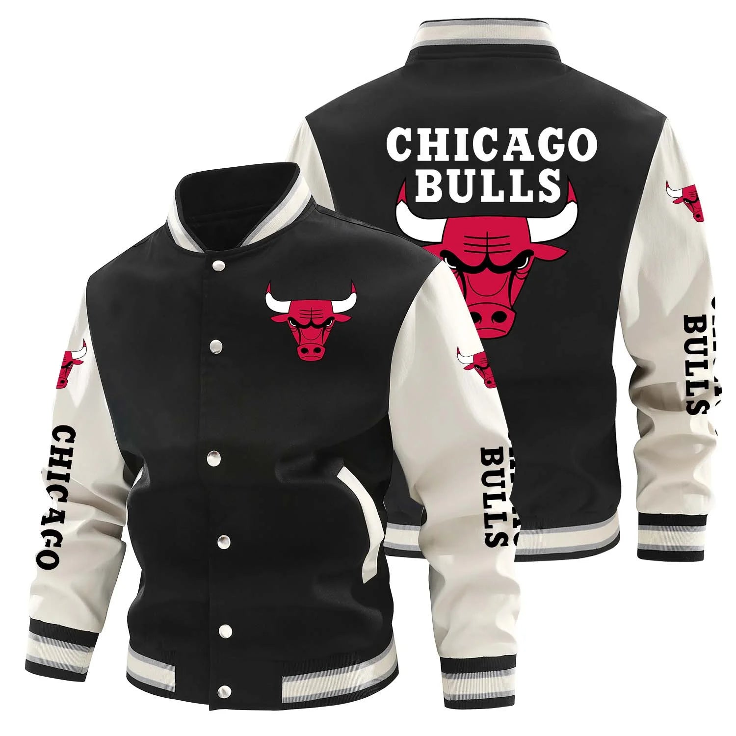 Men's Basketball Fashion Varsity Jacket Causal Slim Fit Cotton Letterman Rugby Baseball Bomber Jackets - Chicago - Bulls