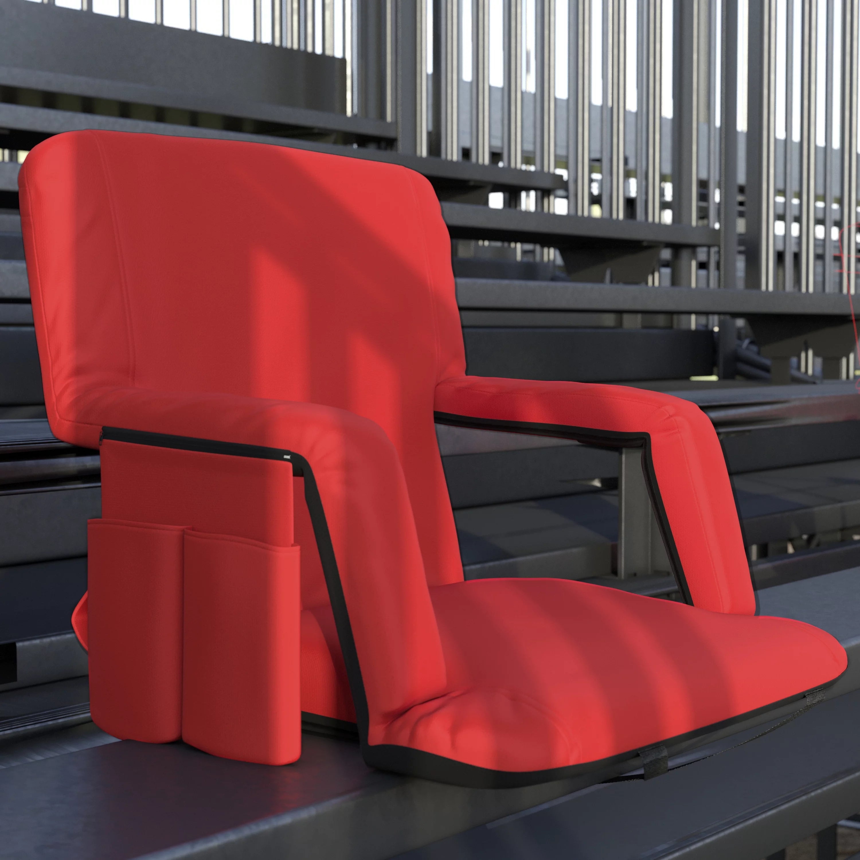 Emma + Oliver Portable Stadium Chair with Armrests, Red Reclining Padded Back & Seat, Lightweight Metal Frame & Backpack Straps, Storage Pockets