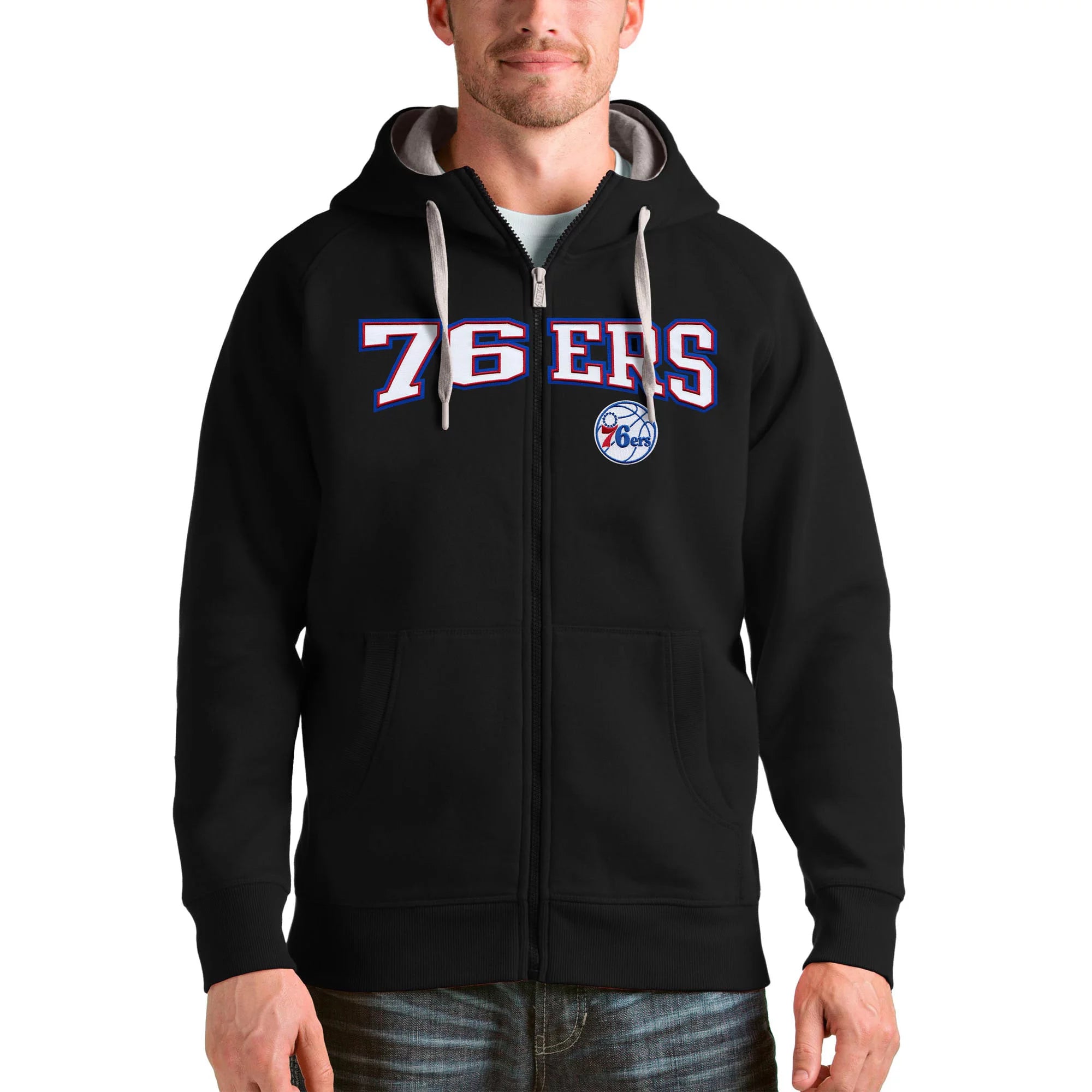 Men's Antigua Black Philadelphia 76ers Victory Full-Zip Hoodie