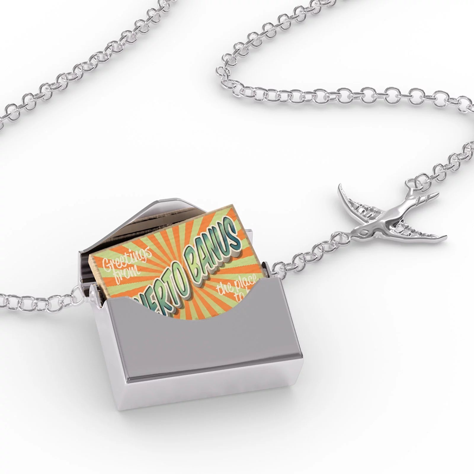 Locket Necklace Greetings from Puerto Banus, Vintage Postcard in a silver Envelope Neonblond