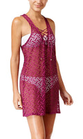 Miken Women's Lace-Up Crochet Swimsuit Cover-Up Dress Magenta Medium M