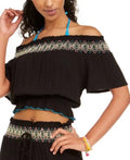 Miken BLACK Juniors' Smocked Off-the-Shoulder Swim Cover-up Top, US Large