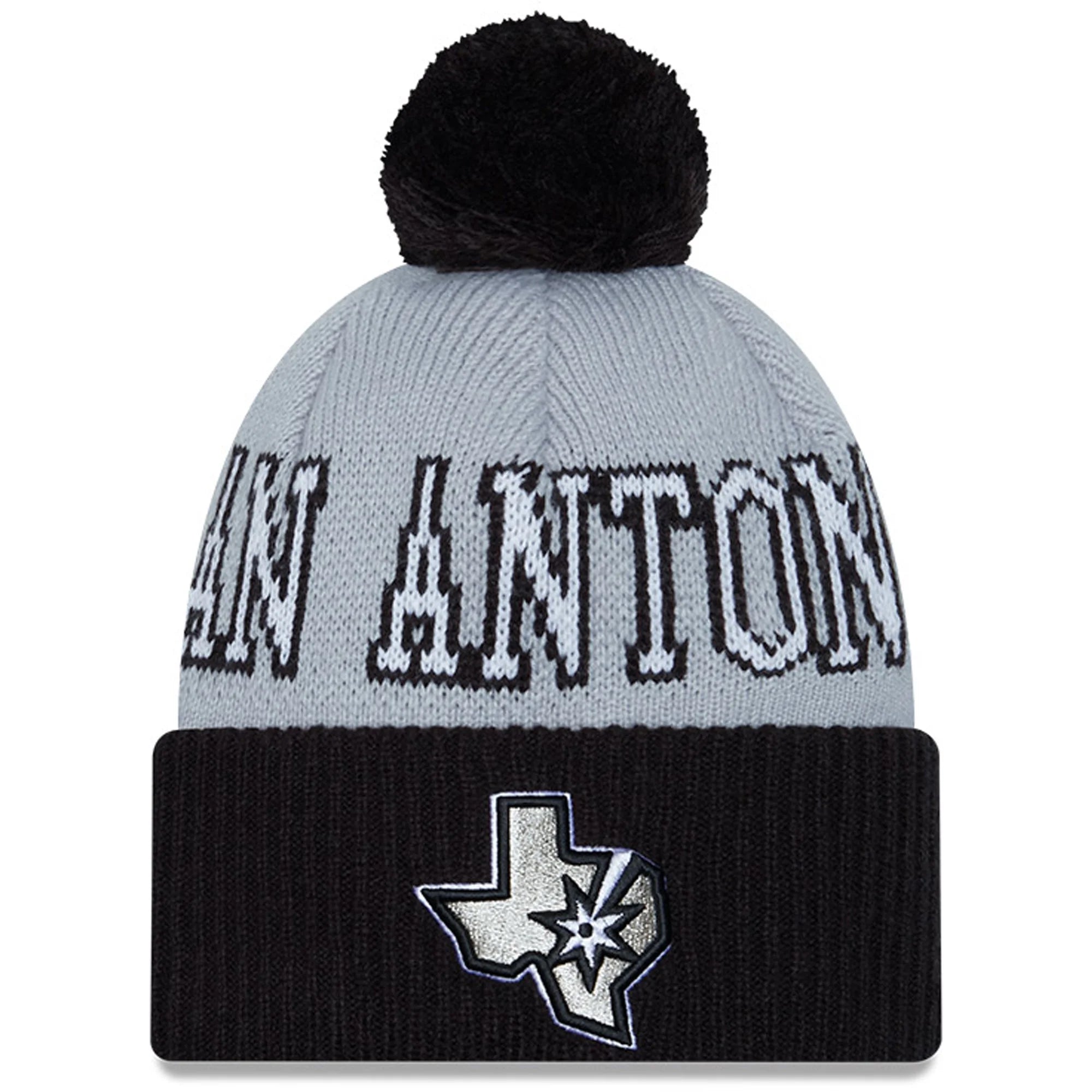 Men's New Era Black/Gray San Antonio Spurs Tip-Off Two-Tone Cuffed Knit Hat with Pom - OSFA