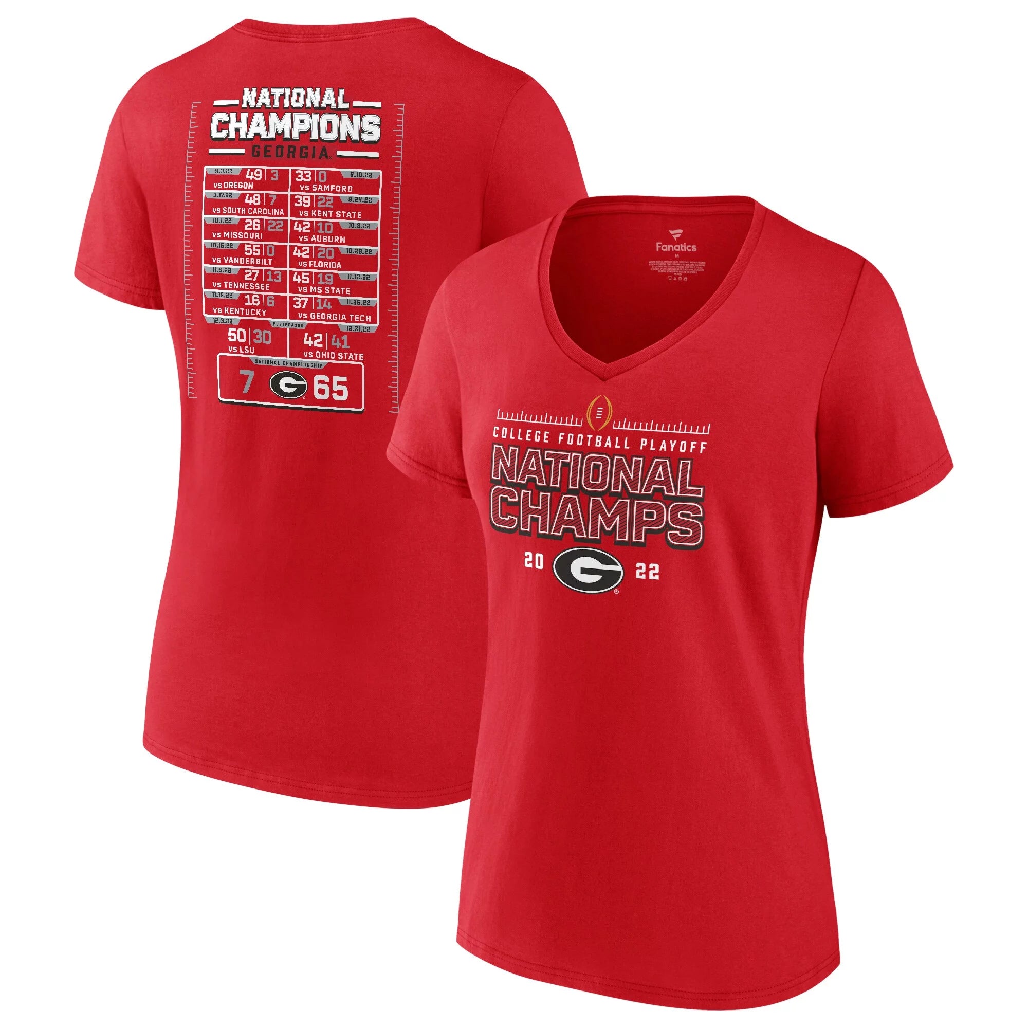 Women's Fanatics Branded Red Georgia Bulldogs College Football Playoff 2022 National Champions Schedule V-Neck T-Shirt