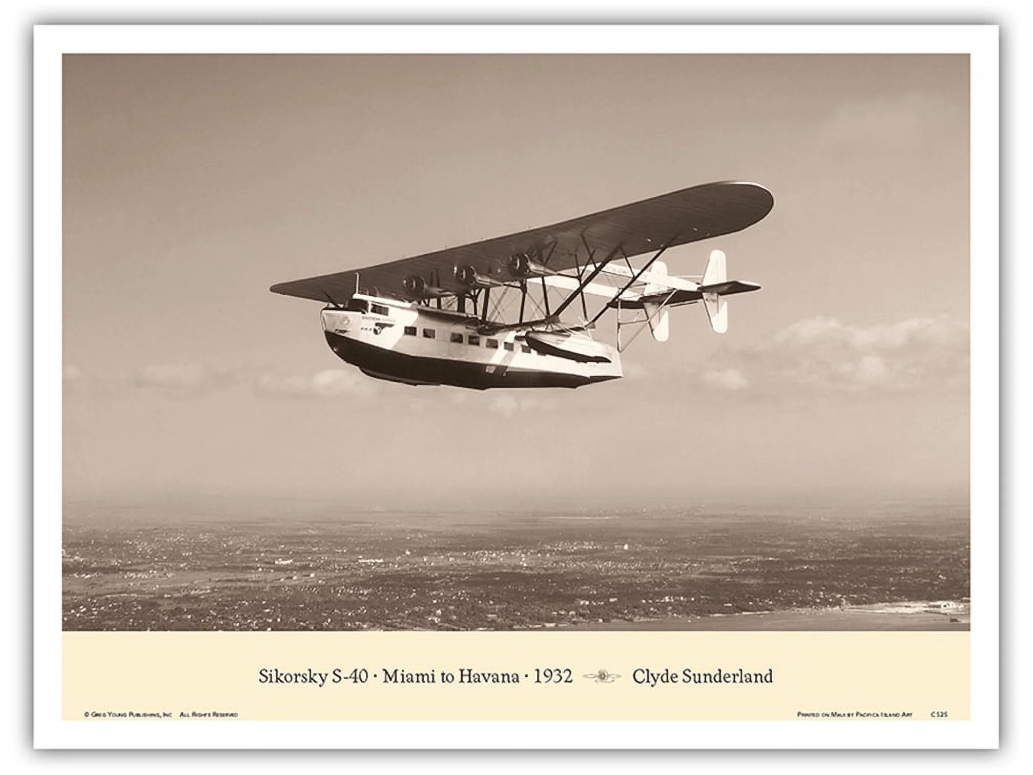 The Southern Clipper (Sikorsky S-40) - Miami to Havana 1932 - Pan American Airways - Vintage Aviation Poster by Clyde Sunderland - Master Art Print (Unframed) 9in x 12in