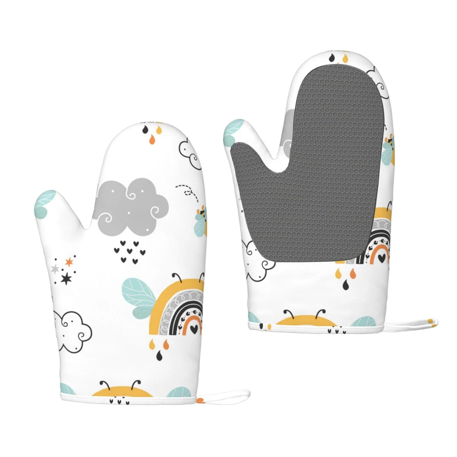 ZNDUO Kitchen Oven Gloves, Durable Heat Resistant Oven Gloves with Quilted Liner Non-Slip Textured Grip Perfect for BBQ, Baking, Cooking and Grilling, Cartoon Rainbow Cloud Doodle