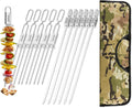 Encoli Kabob Grill Skewers - 304 Stainless Steel Shish kebob Sticks With Silder - Resuable Flat BBQ Skewers Set With Storage Bag - 17.7¡° Single And 13 Double Pronged (12 Pcs)
