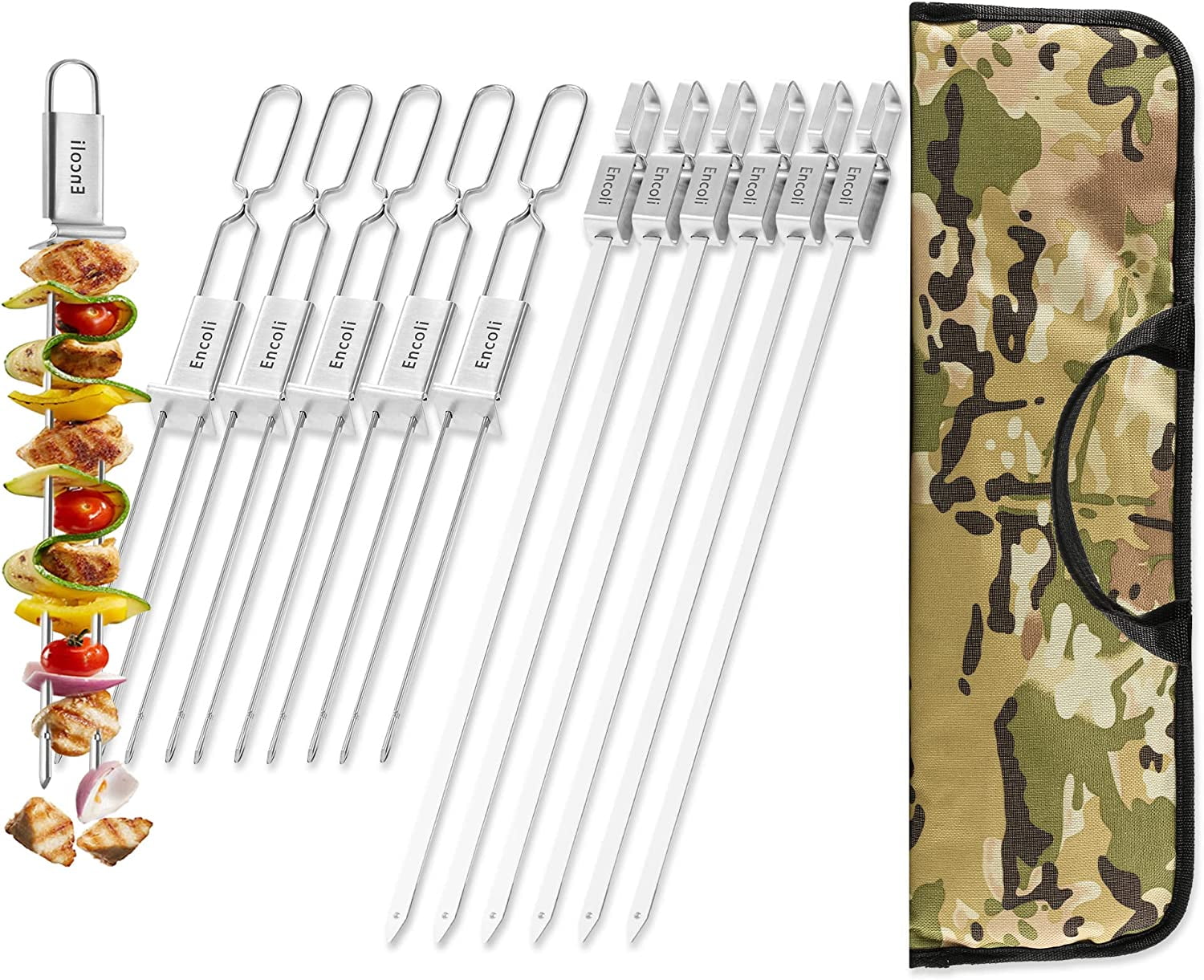 Encoli Kabob Grill Skewers - 304 Stainless Steel Shish kebob Sticks With Silder - Resuable Flat BBQ Skewers Set With Storage Bag - 17.7¡° Single And 13 Double Pronged (12 Pcs)