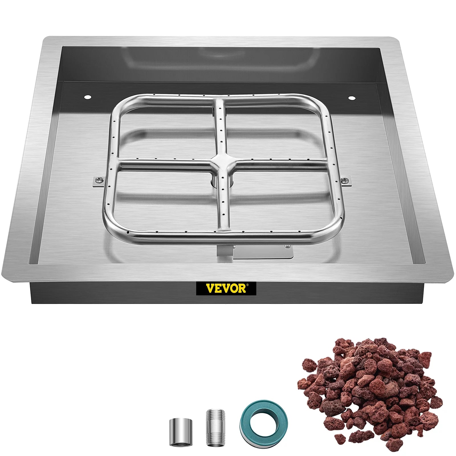 VEVOR Drop in Fire Pit Pan, 18 x 18 Square Fire Pit Burner, Stainless Steel Gas Fire Pan, Fire Pit Burner Pan with 1 Pack Volcanic Rock Fire Pit Insert with 90K BTU for Keeping Warm