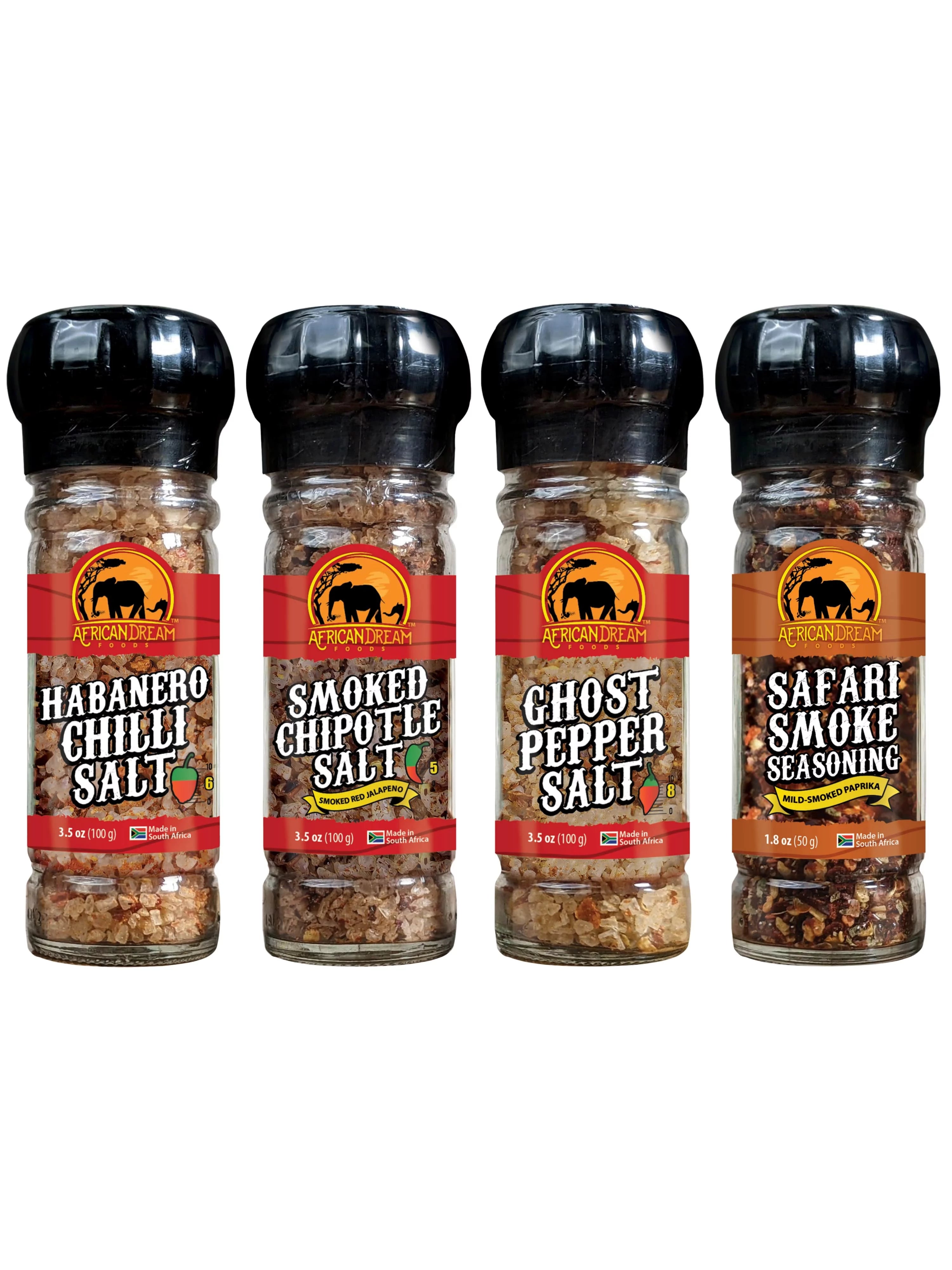African Dream Foods Smoked Chipotle Salt, Ghost Pepper Salt, Habanero Chilli Salt, Safari Smoke Seasoning, Net 12.3 oz 4 Pack