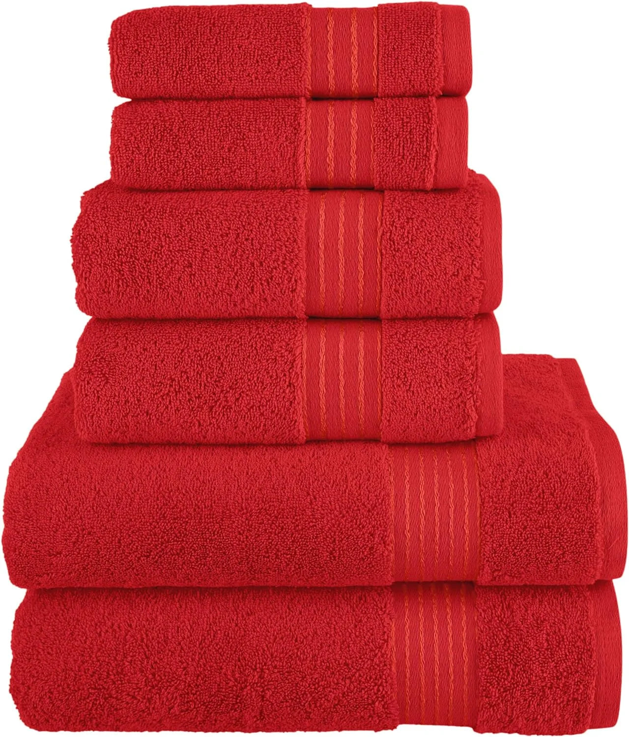 Holiday Gift Cotton 6-Piece Towel Set, Includes 2 Washcloths, 2 Hand Towels and 2 Bath Towels, 100% Turkish Cotton - Highly Absorbent and Super Soft Towels for Bathroom, Red