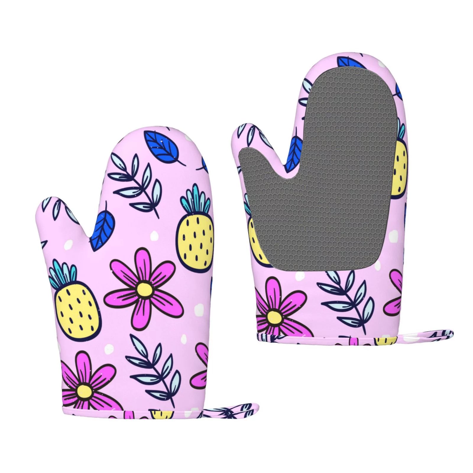 ZNDUO Kitchen Oven Gloves, Durable Heat Resistant Oven Gloves with Quilted Liner Non-Slip Textured Grip Perfect for BBQ, Baking, Cooking and Grilling, Tropical Petal Pineapple