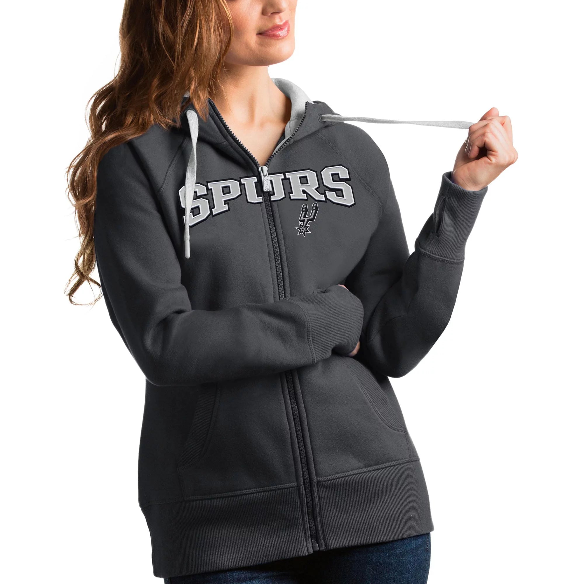 Women's Antigua Charcoal San Antonio Spurs Team Victory Full-Zip Hoodie