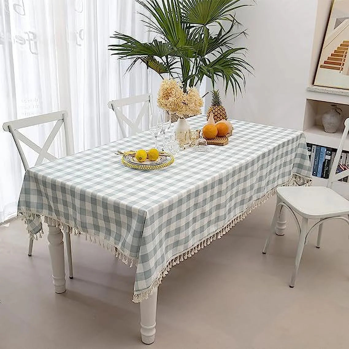 Nvzi Checkered Rectangle Tablecloth, Heavy Weight Wrinkle Free Cotton Linen Table Cloth Plaid Table Cover for Spring Summer Picnic Kitchen Dinner Restaurant Outdoor Party£¨55x84,Aqua