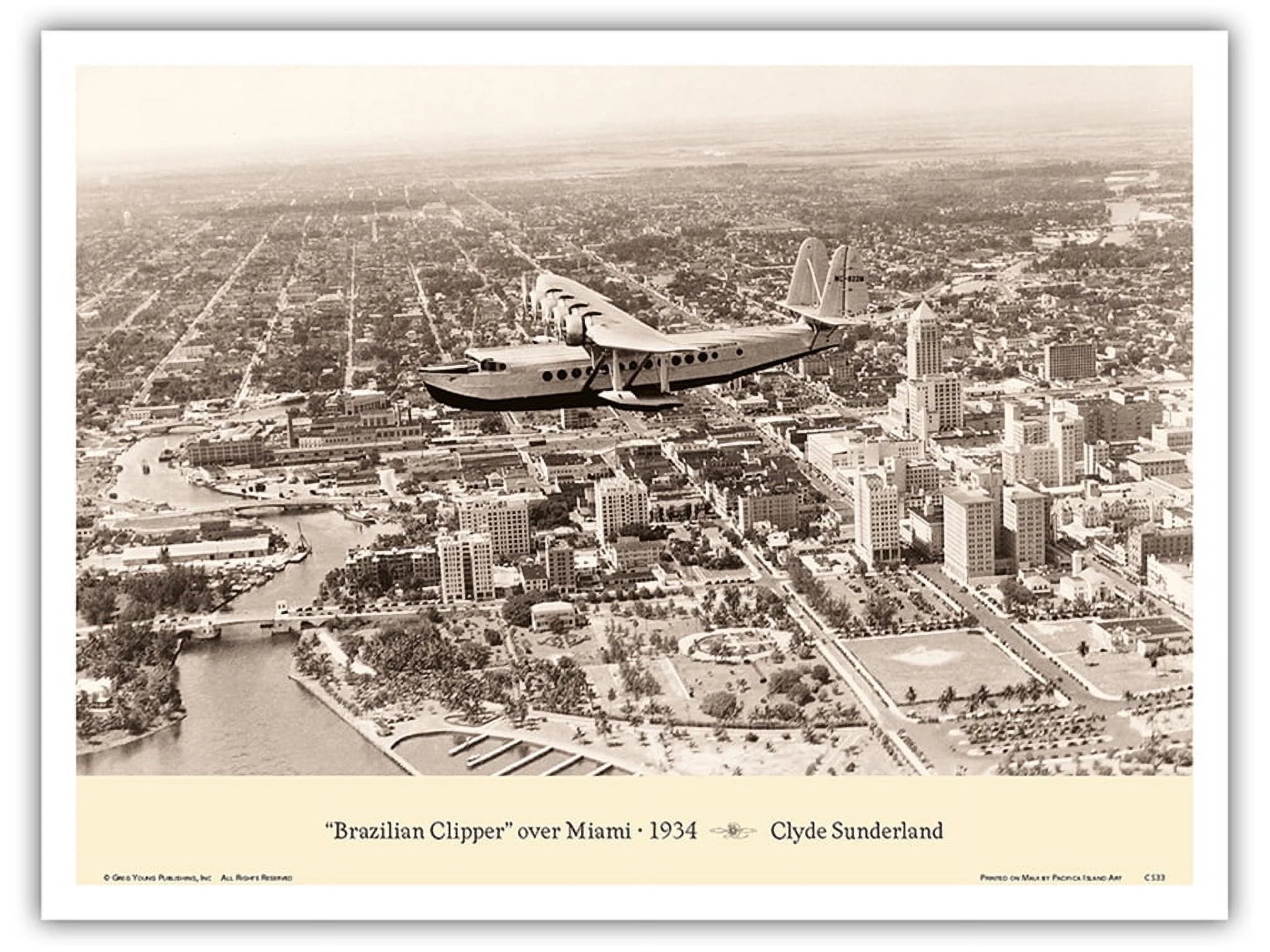 The Brazilian Clipper (Sikorsky S-42) - Over Miami 1934 - Pan American Airways - Vintage Aviation Poster by Clyde Sunderland - Master Art Print (Unframed) 9in x 12in