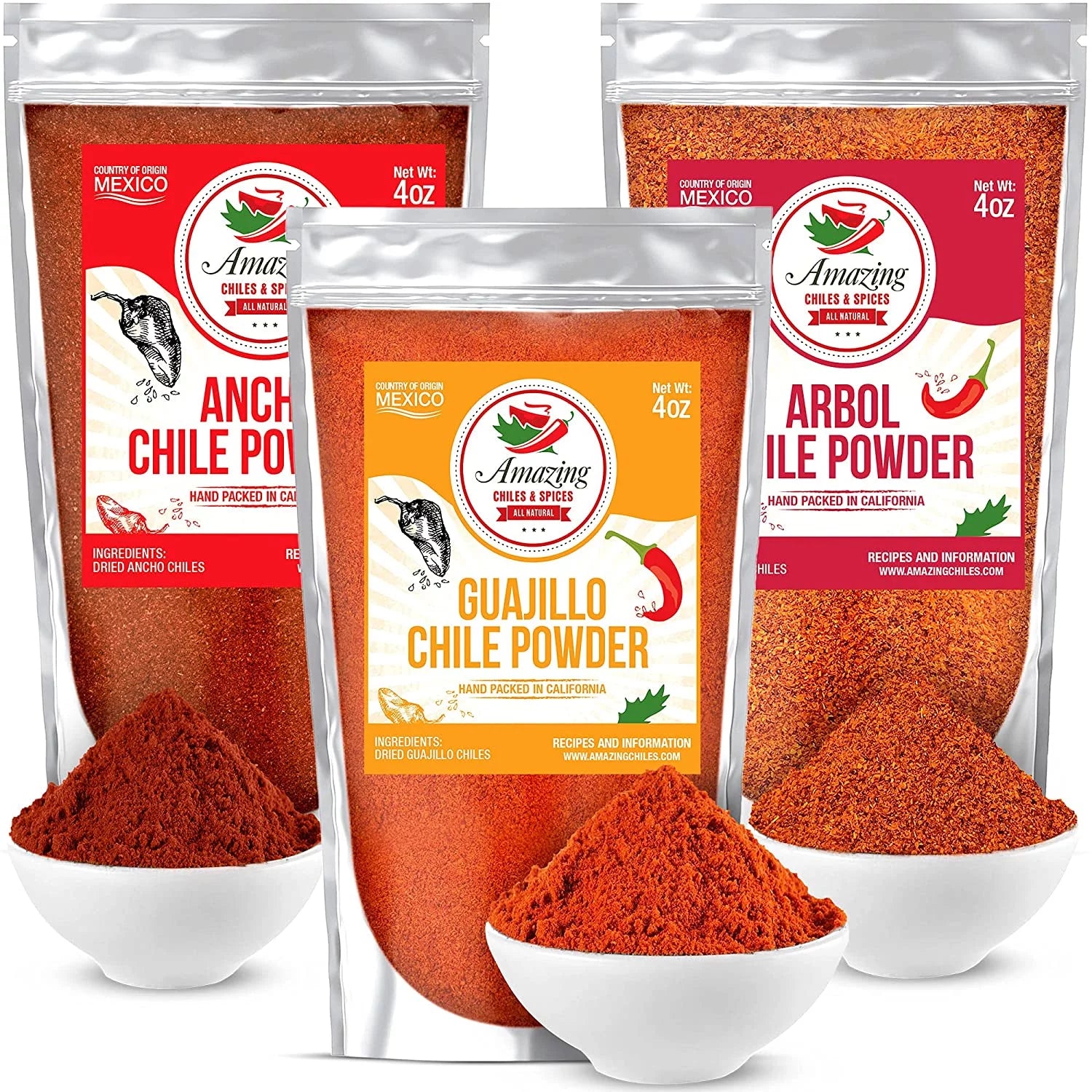 Chile Powder Variety Pack  12 oz Ancho, Guajillo and Arbol - Pure Ground Dried Chiles - Staple in Mexican Recipes