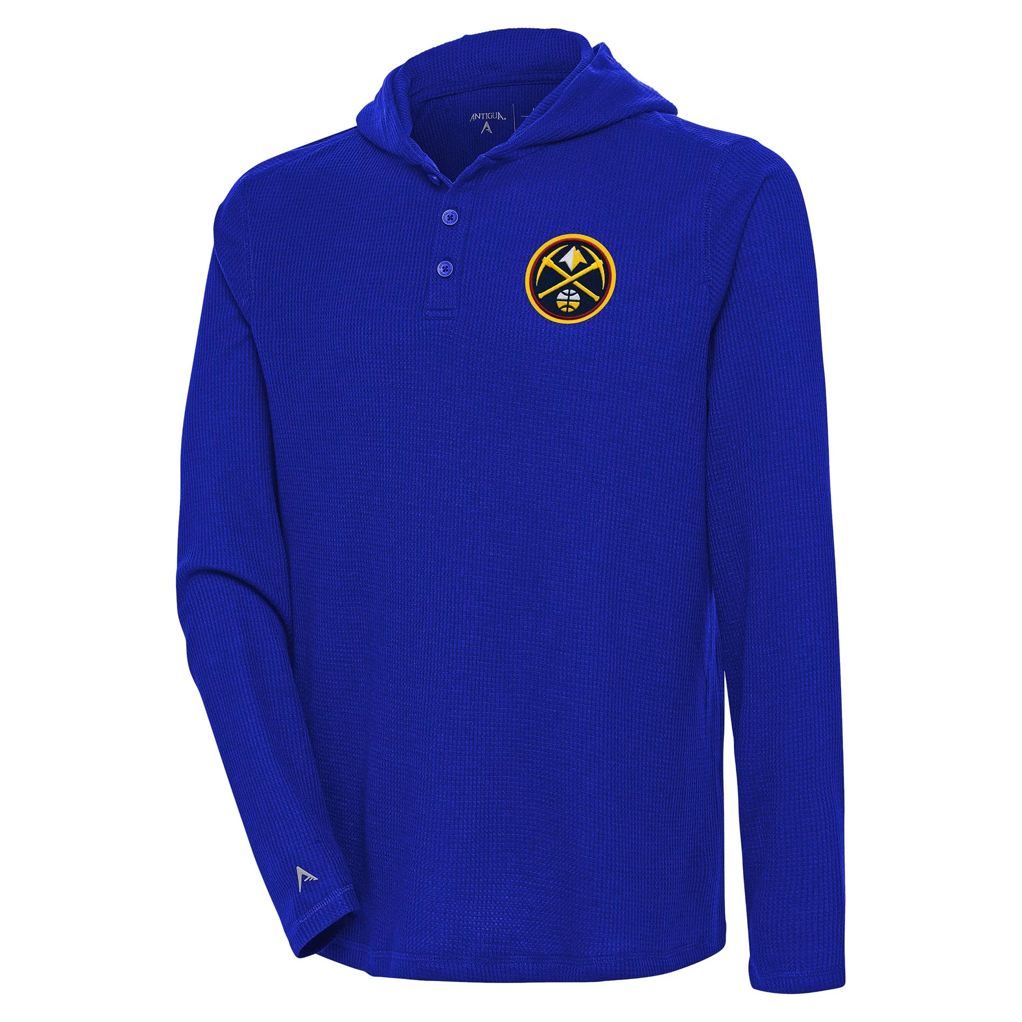 Men's Antigua  Royal Denver Nuggets Strong Hold Long Sleeve Henley Hoodie T-Shirt