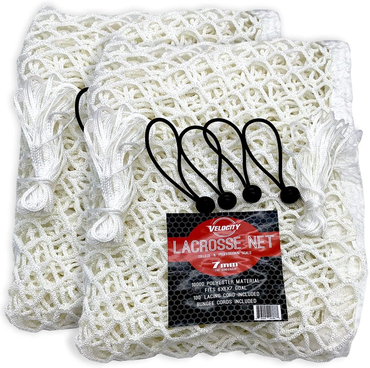 2 Pack - Velocity 7MM Heavy Duty White Lacrosse Net, AKA Godzilla | Weatherproof, UV Resistant |1000d High-strength Polyester, 40% Stronger. 100+ Feet of Lacing Cord, 4 Quick Ties for Easy Assembly.